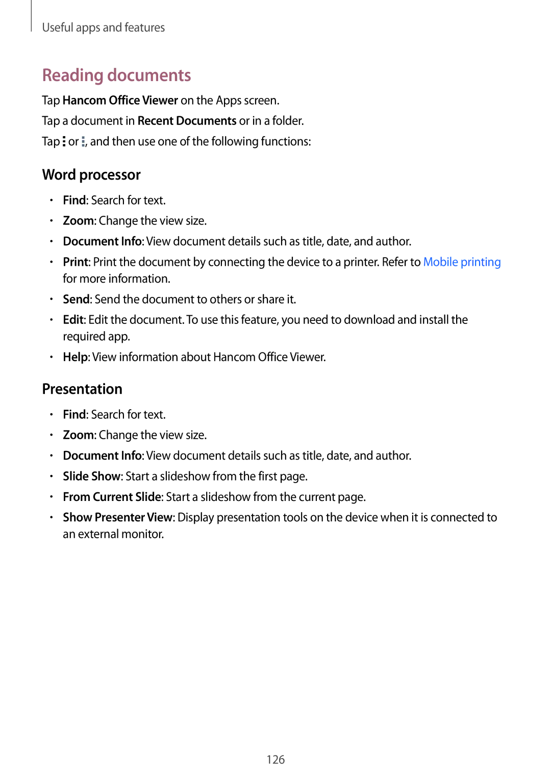 Samsung SM-T700 user manual Reading documents, Word processor, Presentation 