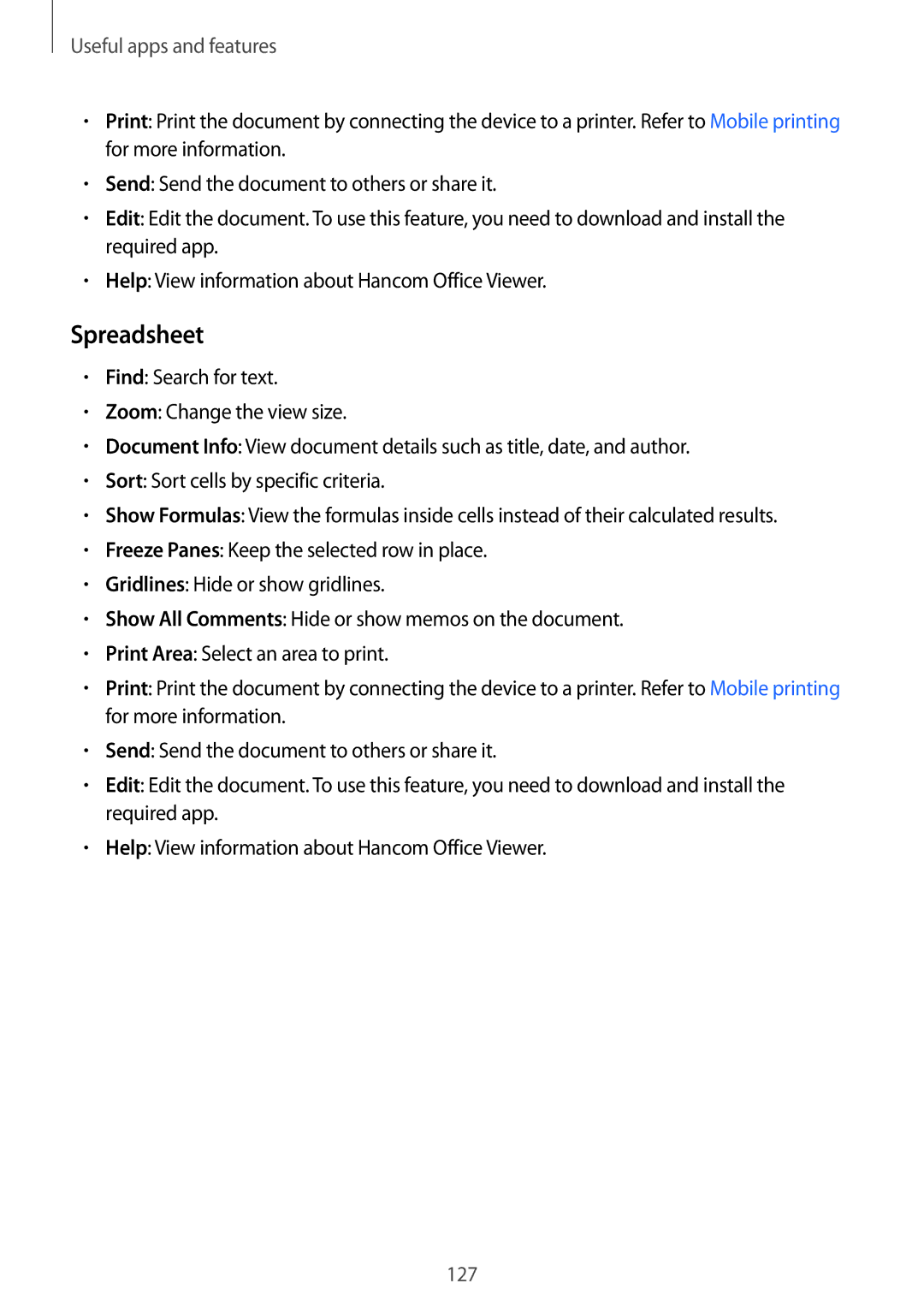 Samsung SM-T700 user manual Spreadsheet 