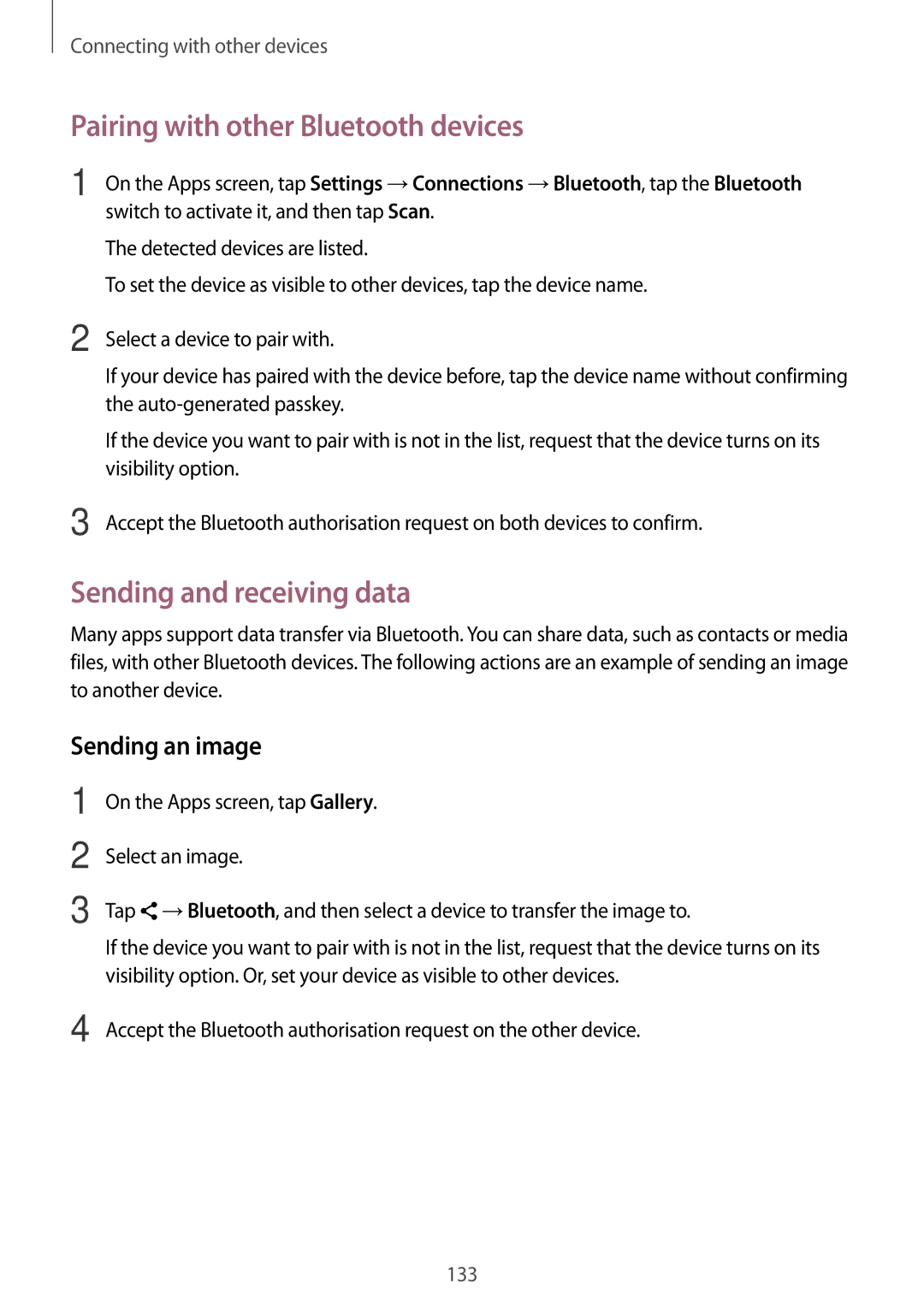 Samsung SM-T700 user manual Pairing with other Bluetooth devices, Sending and receiving data, Sending an image 