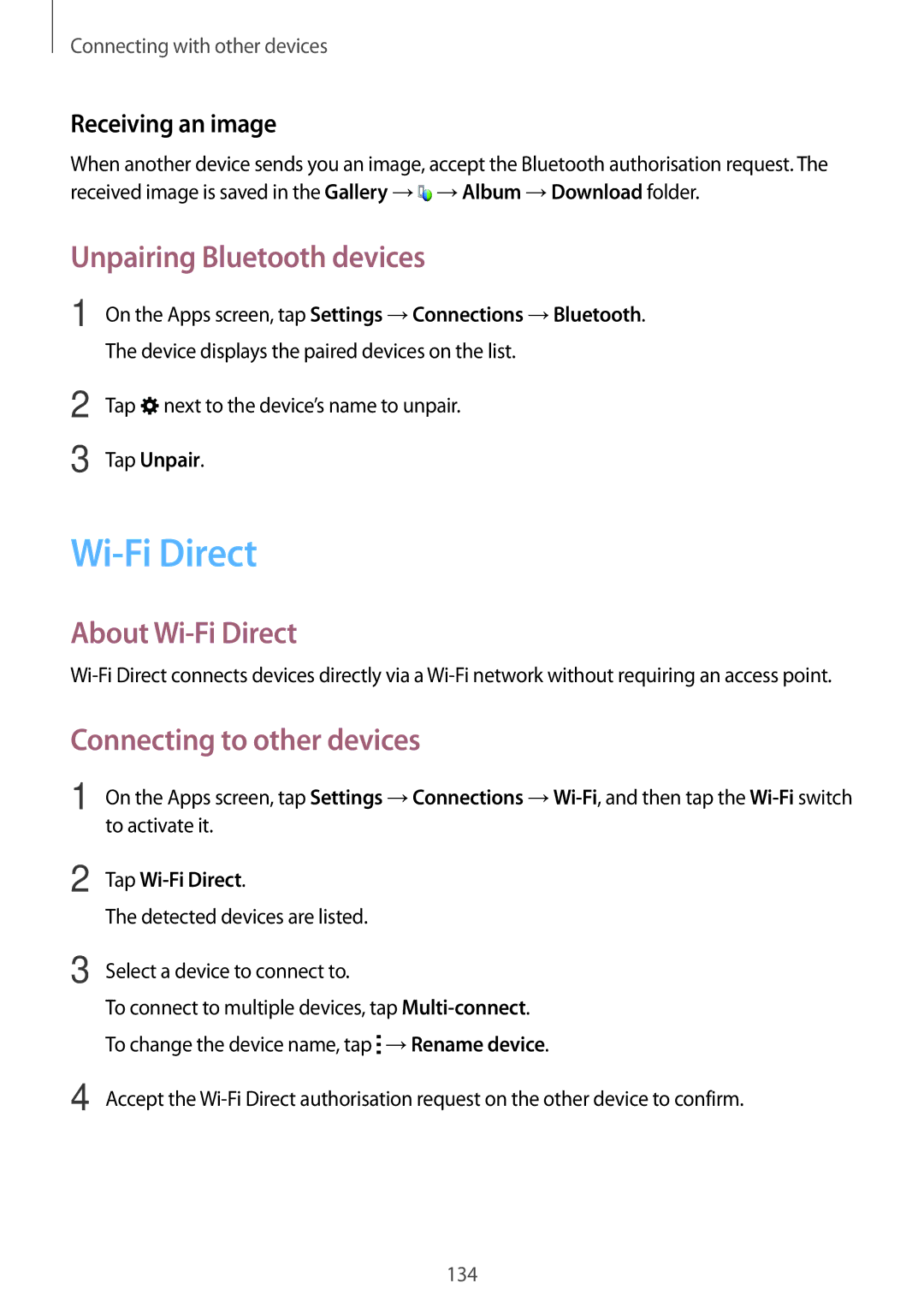 Samsung SM-T700 Unpairing Bluetooth devices, About Wi-Fi Direct, Connecting to other devices, Receiving an image 