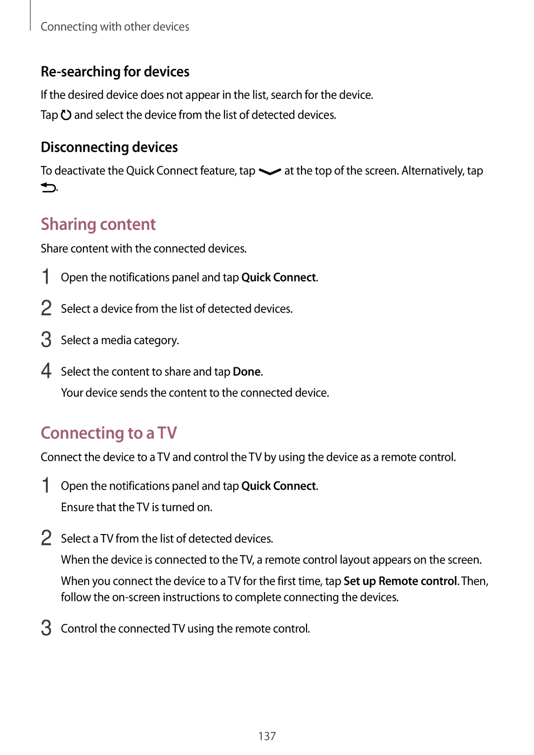 Samsung SM-T700 user manual Sharing content, Re-searching for devices, Disconnecting devices 