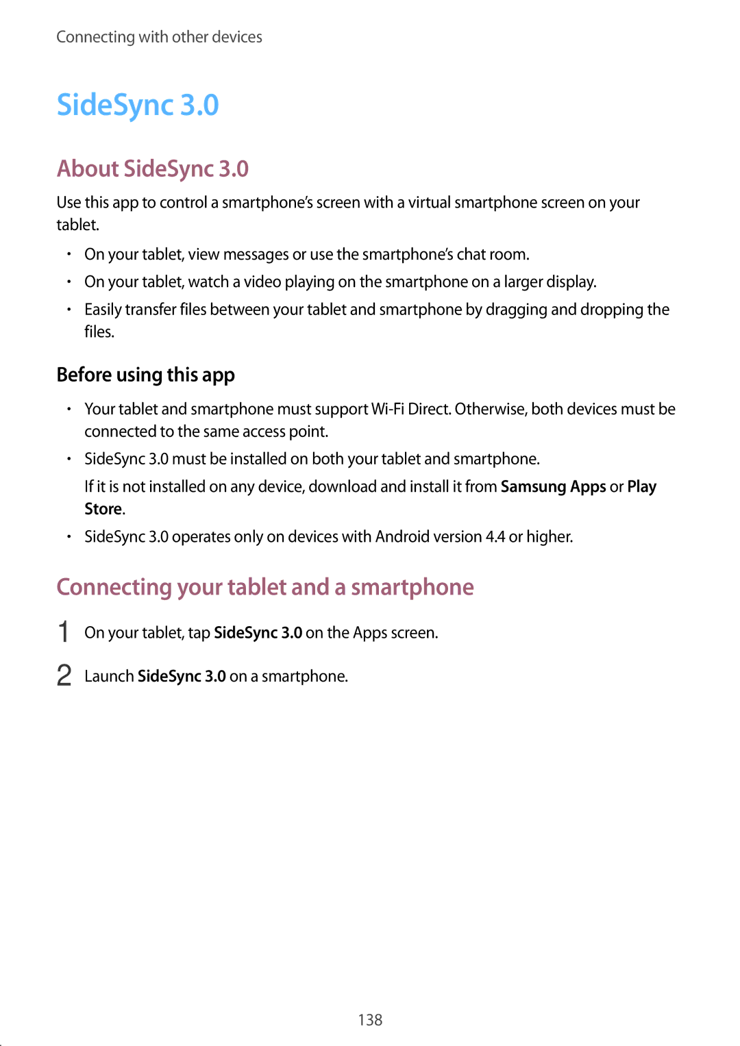 Samsung SM-T700 user manual About SideSync, Connecting your tablet and a smartphone 