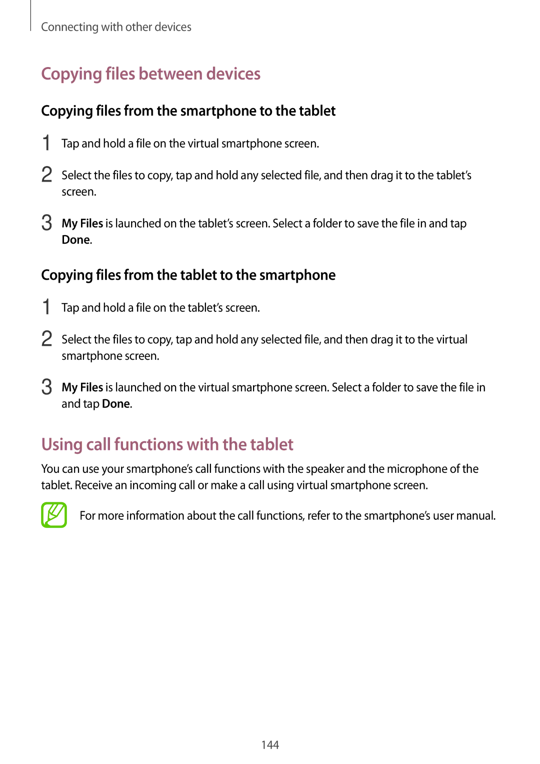 Samsung SM-T700 user manual Copying files between devices, Using call functions with the tablet 