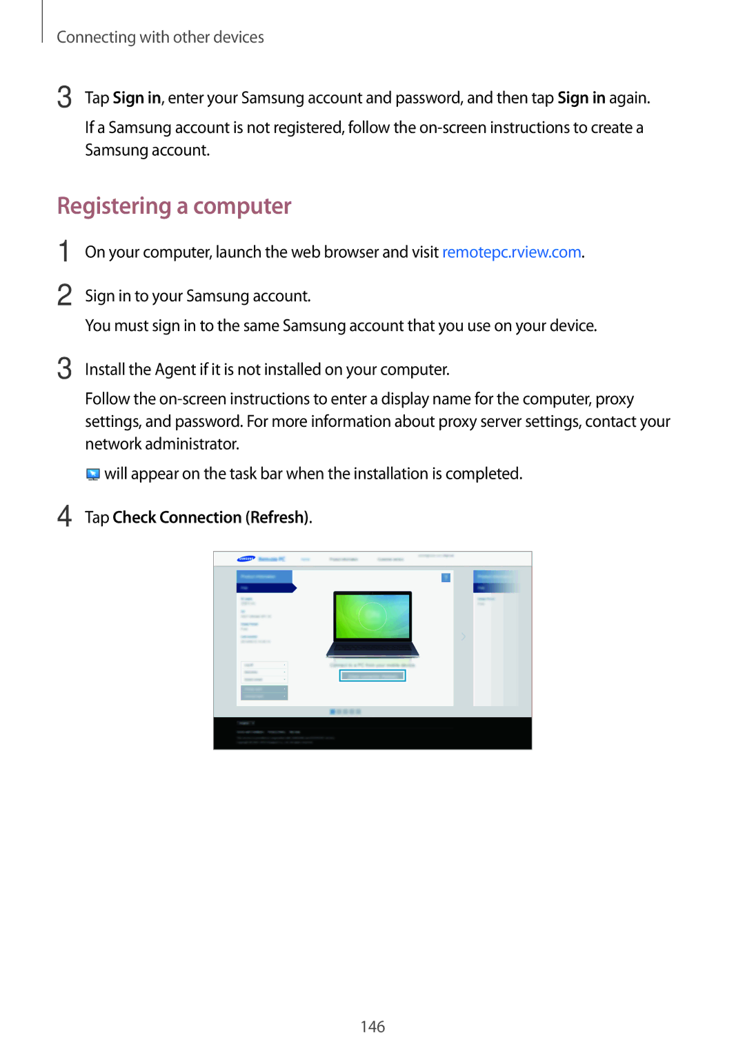 Samsung SM-T700 user manual Registering a computer, Tap Check Connection Refresh 