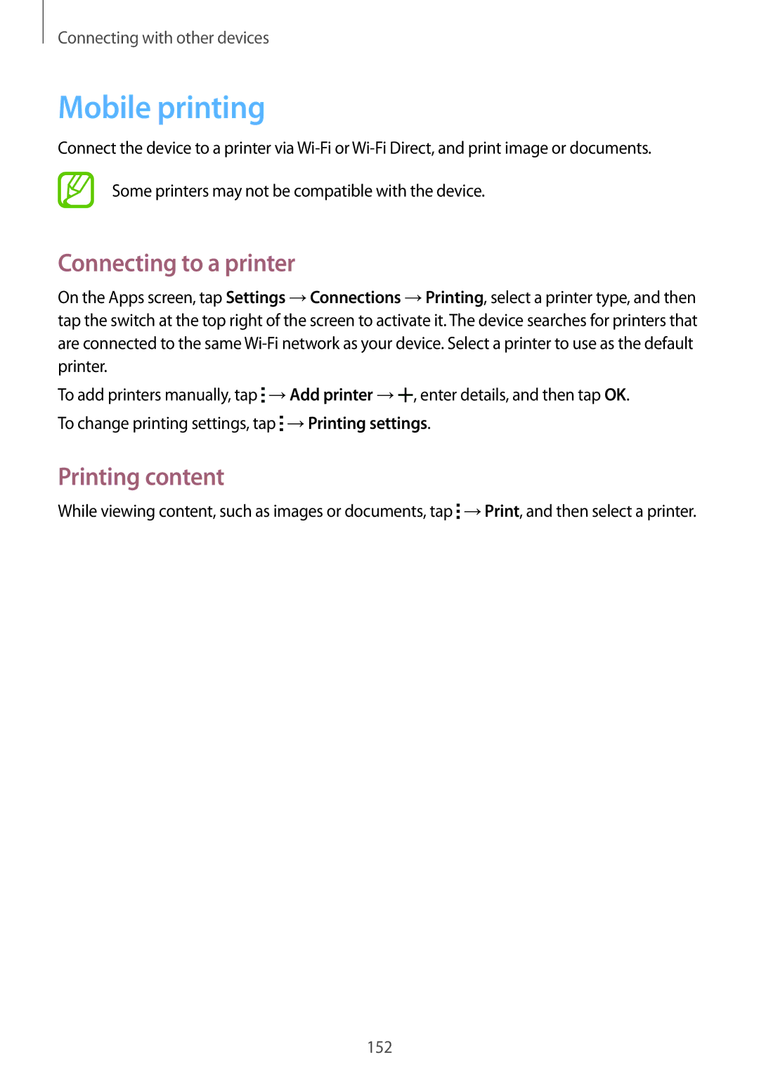 Samsung SM-T700 user manual Mobile printing, Connecting to a printer, Printing content 