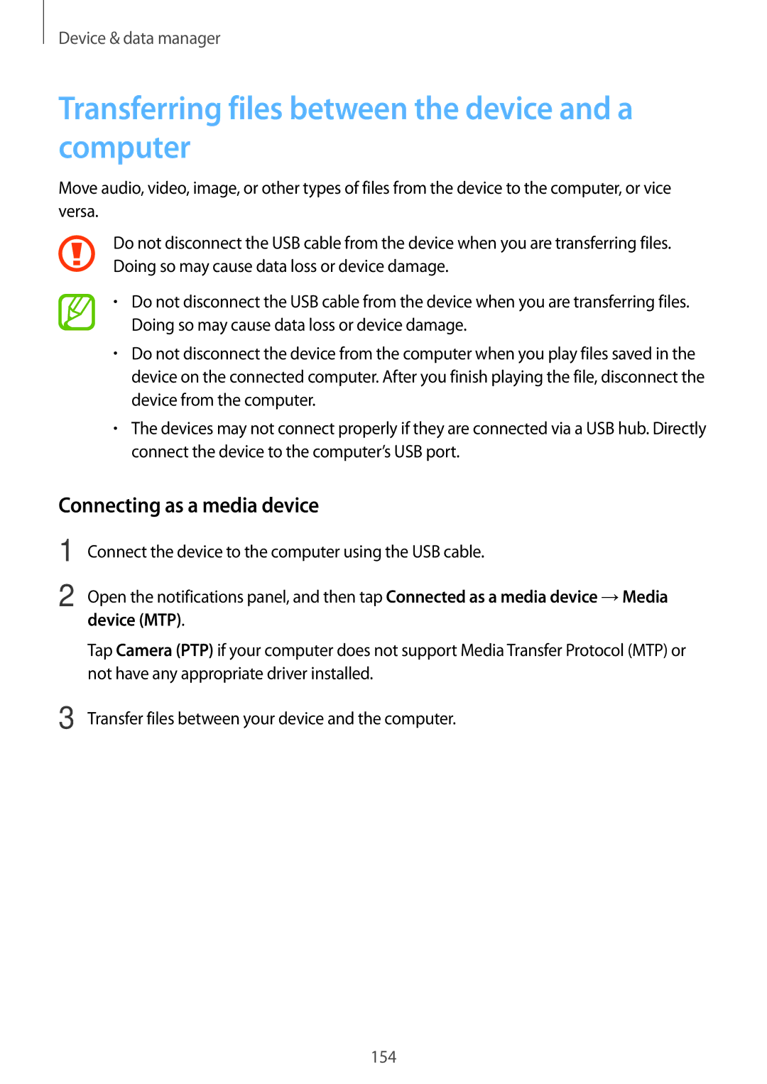 Samsung SM-T700 user manual Transferring files between the device and a computer, Connecting as a media device, Device MTP 