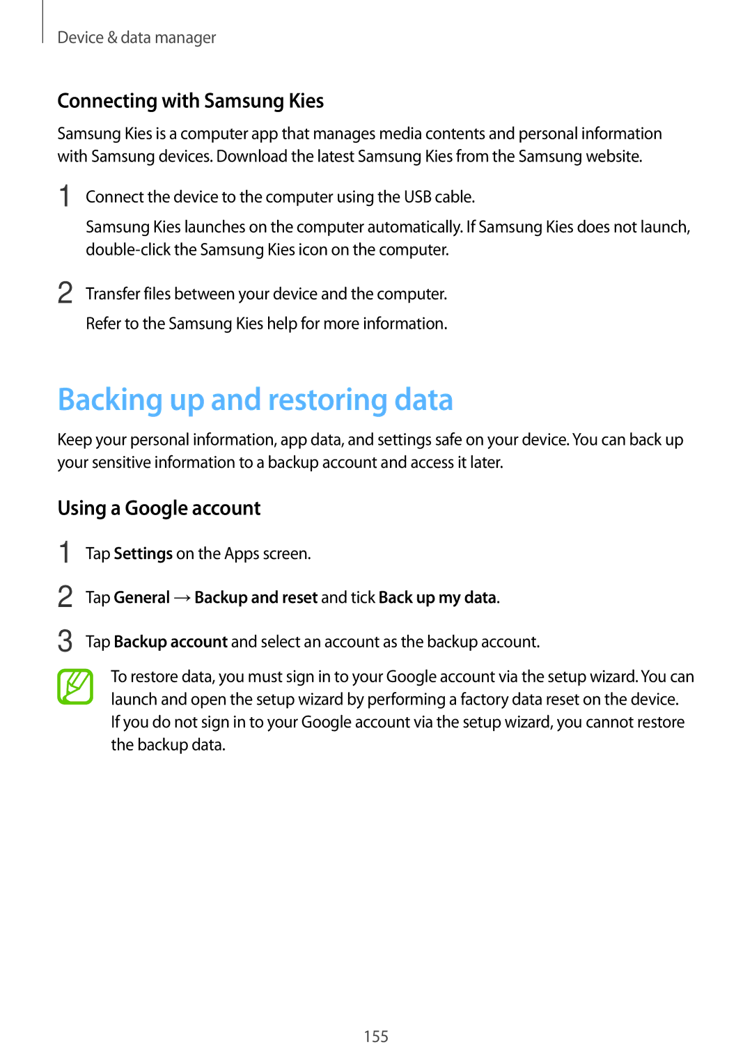 Samsung SM-T700 user manual Backing up and restoring data, Connecting with Samsung Kies, Using a Google account 