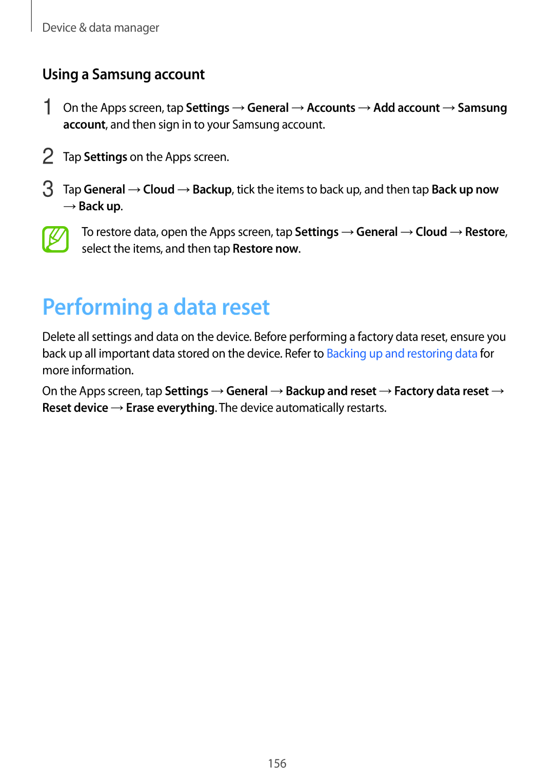 Samsung SM-T700 Performing a data reset, Using a Samsung account, Account, and then sign in to your Samsung account 