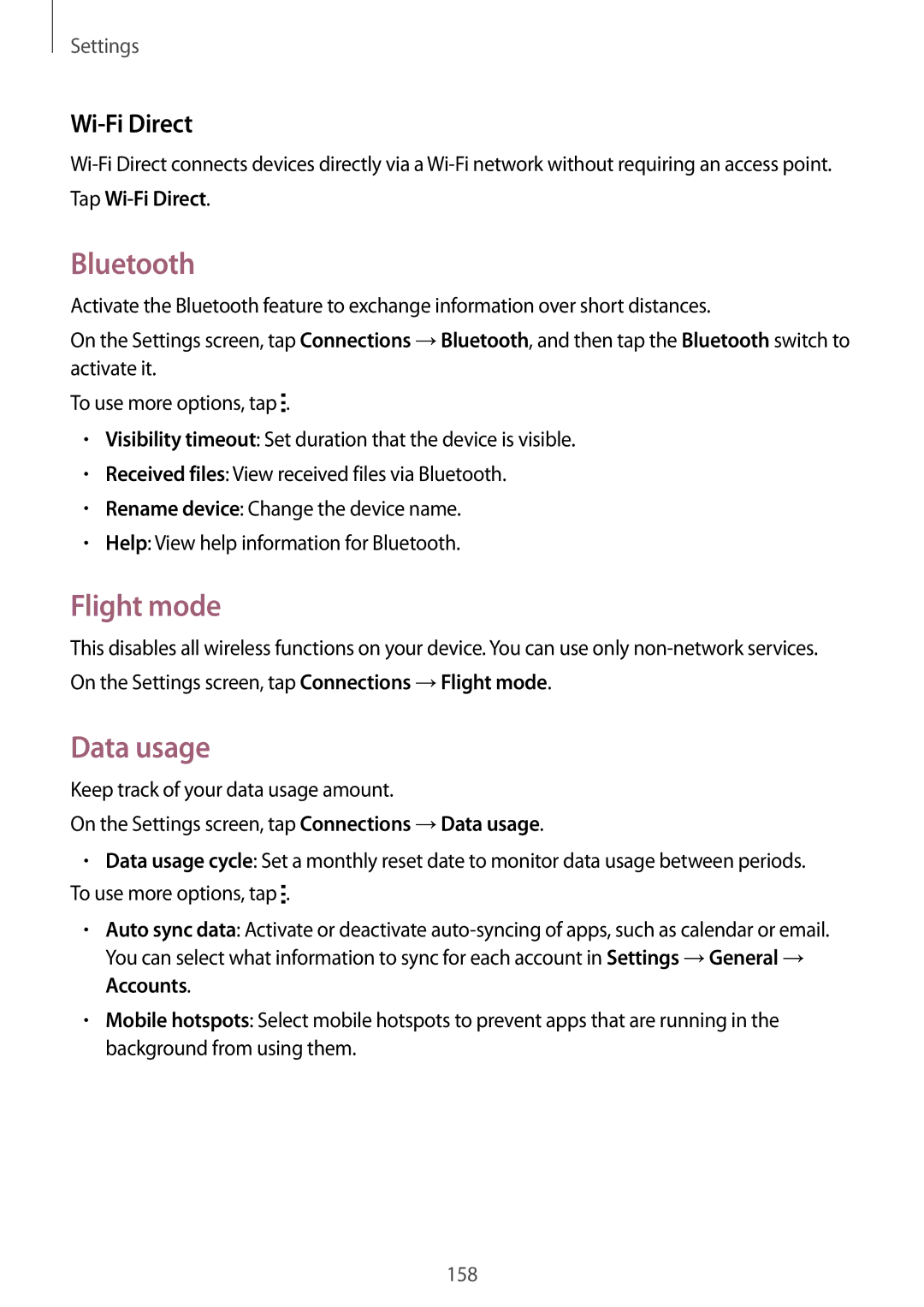 Samsung SM-T700 user manual Bluetooth, Flight mode, Data usage, Wi-Fi Direct 