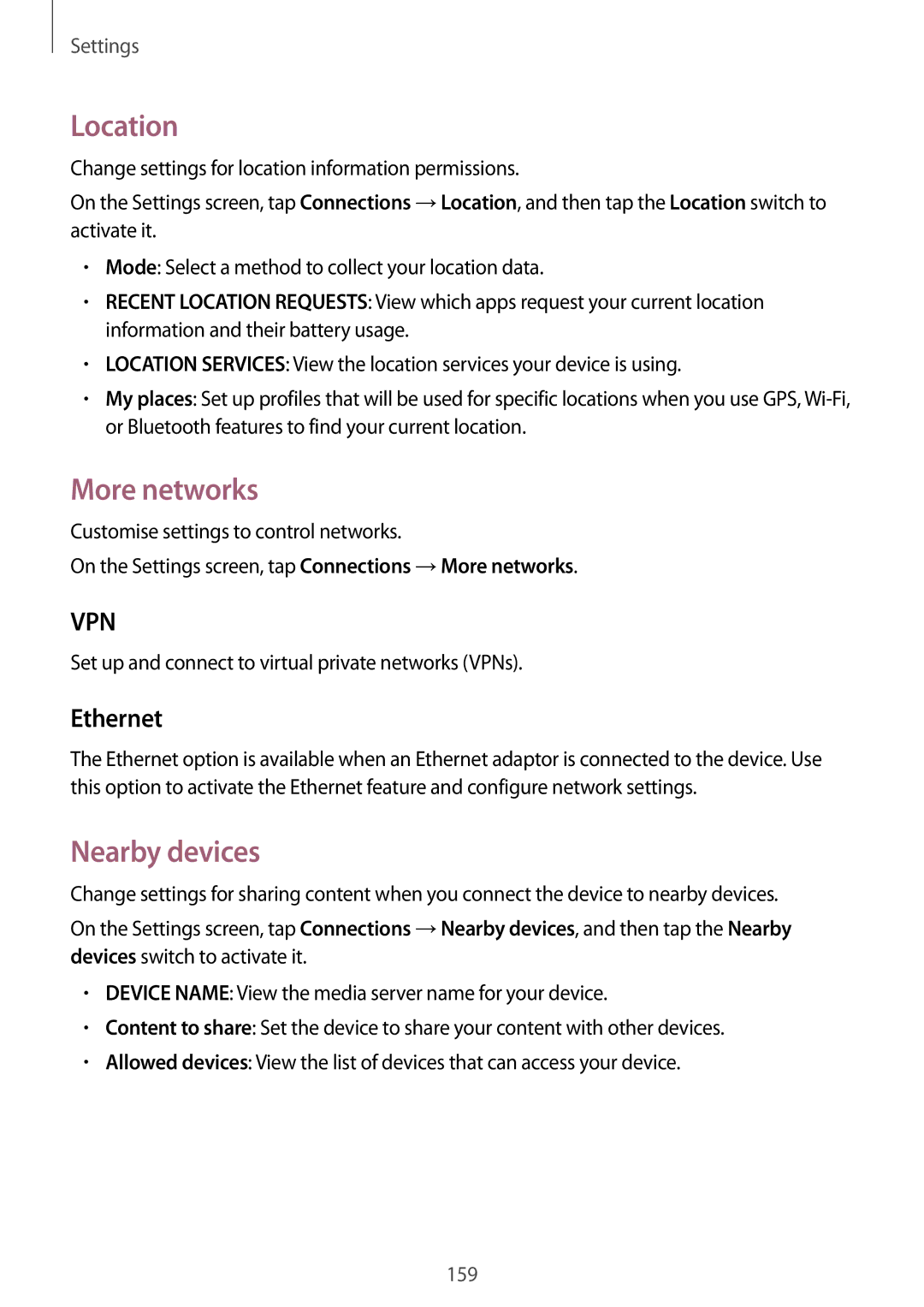 Samsung SM-T700 Location, More networks, Nearby devices, Ethernet, Set up and connect to virtual private networks VPNs 