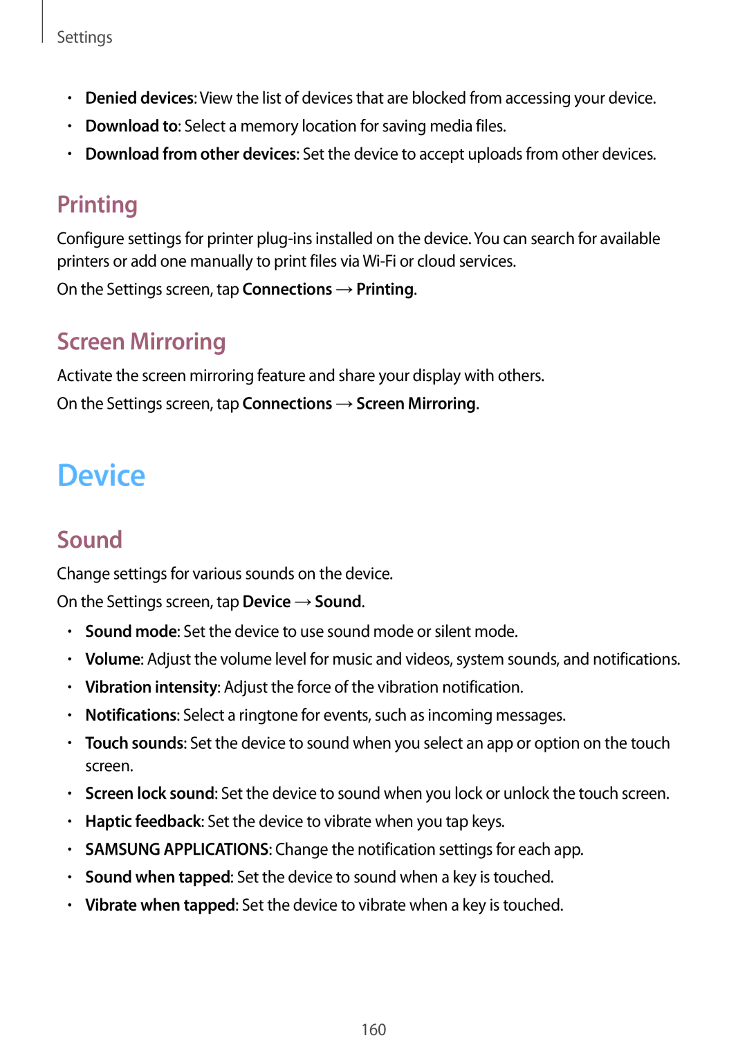 Samsung SM-T700 user manual Device, Printing, Screen Mirroring, Sound 