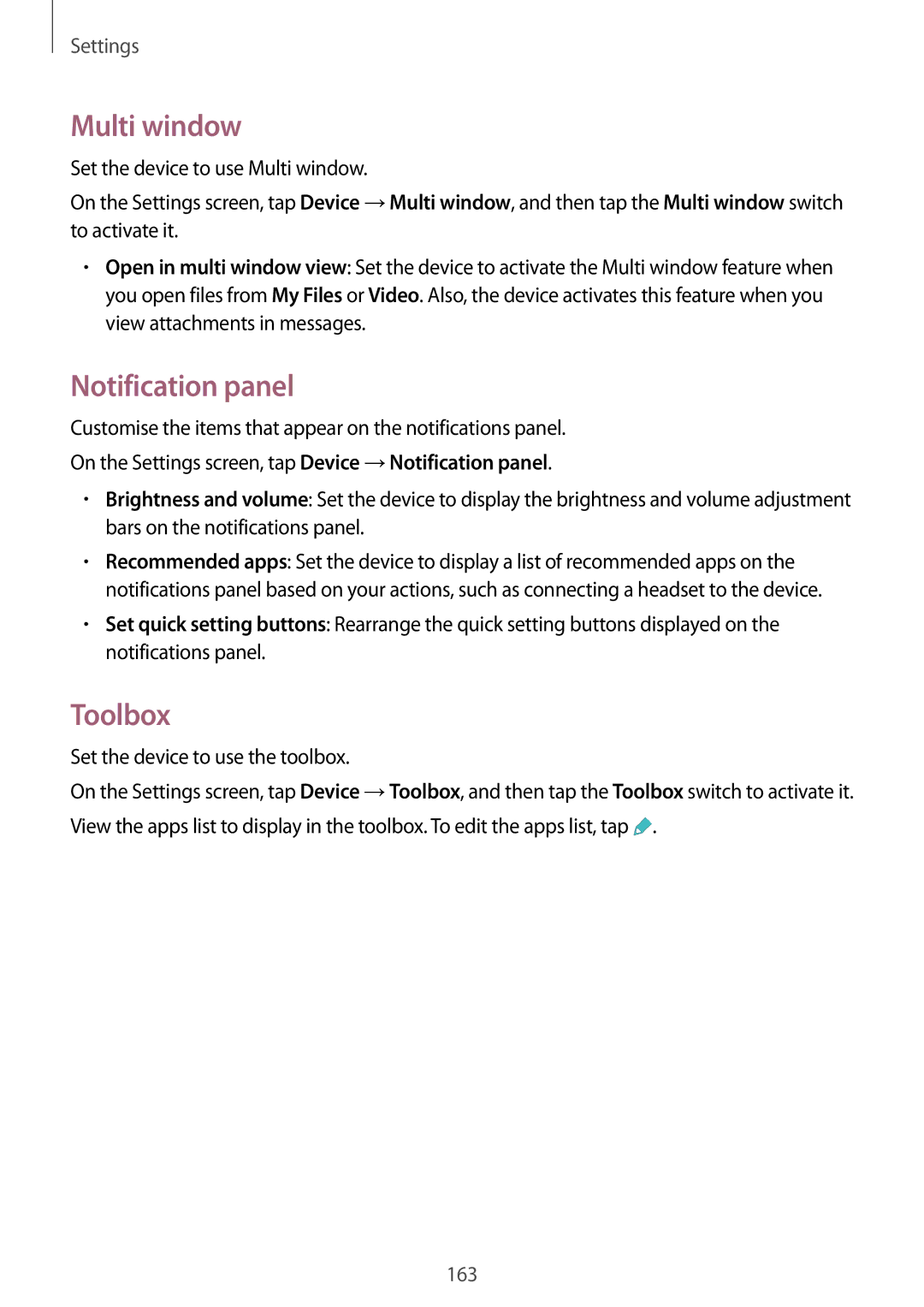 Samsung SM-T700 user manual Multi window, Notification panel, Toolbox, Set the device to use the toolbox 