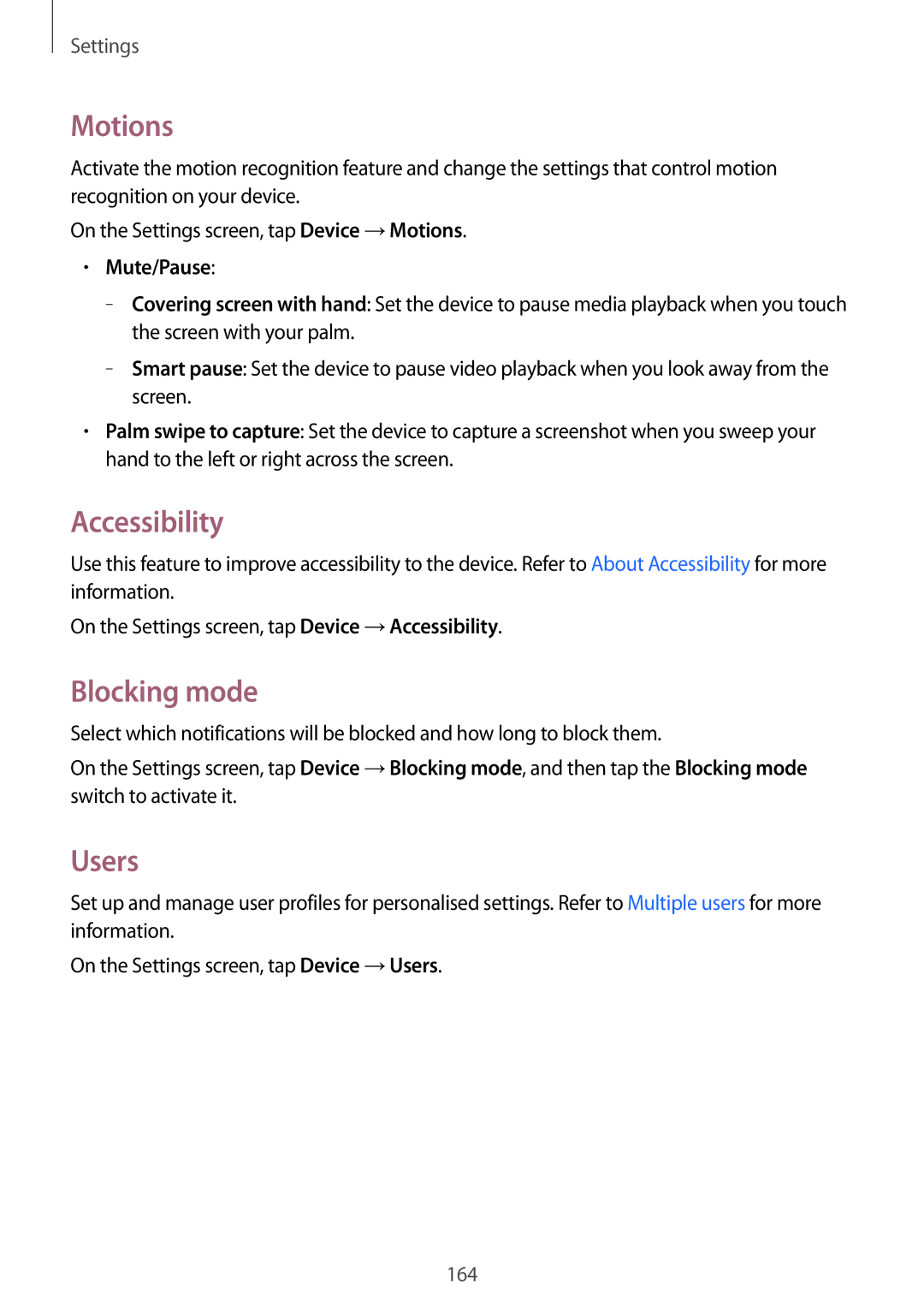 Samsung SM-T700 user manual Motions, Accessibility, Blocking mode, Users, Mute/Pause 