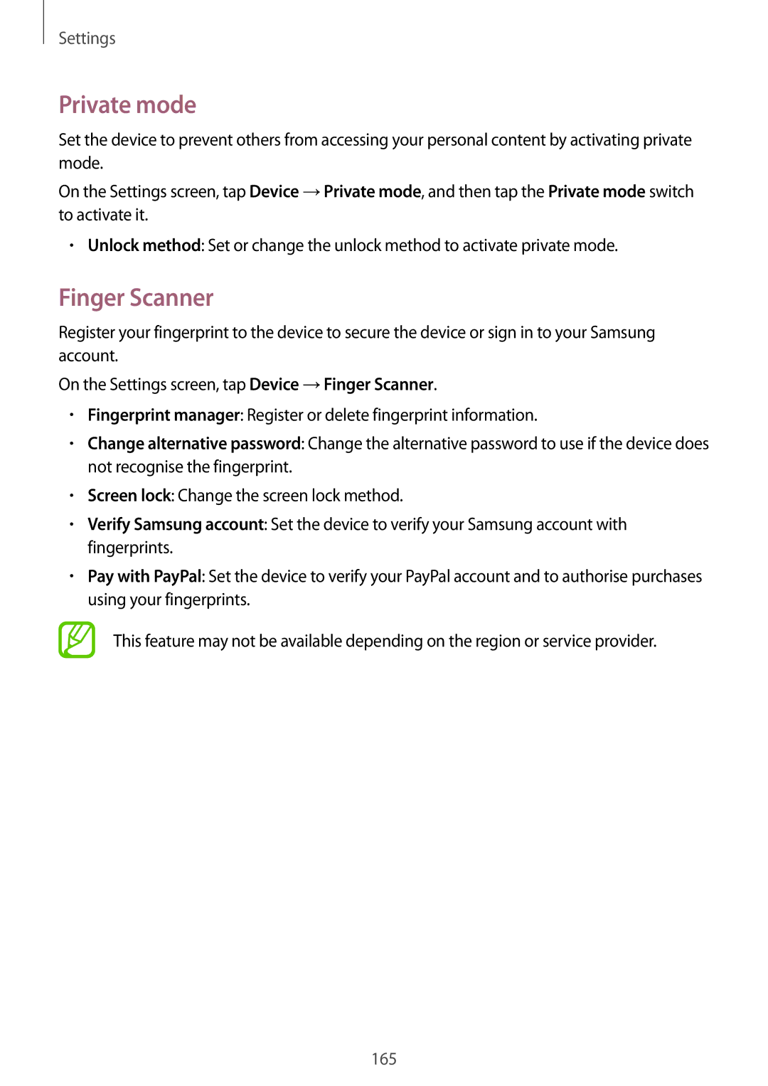 Samsung SM-T700 user manual Private mode, Finger Scanner 