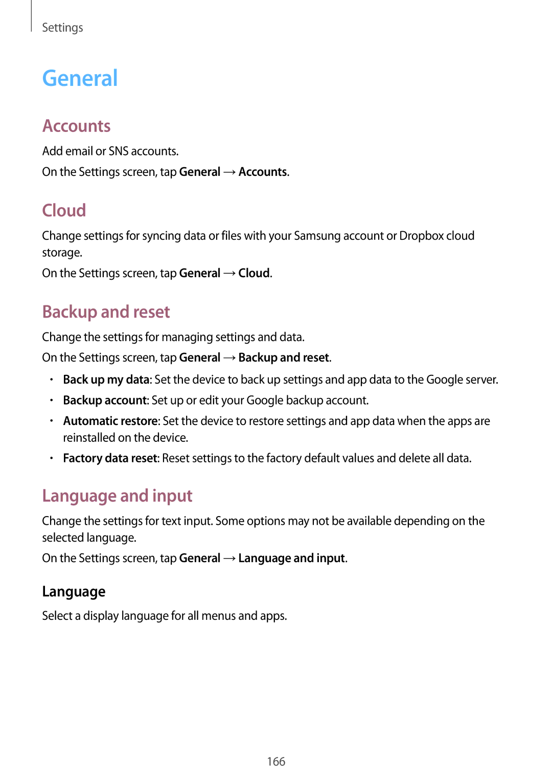 Samsung SM-T700 user manual General, Accounts, Cloud, Backup and reset, Language and input 