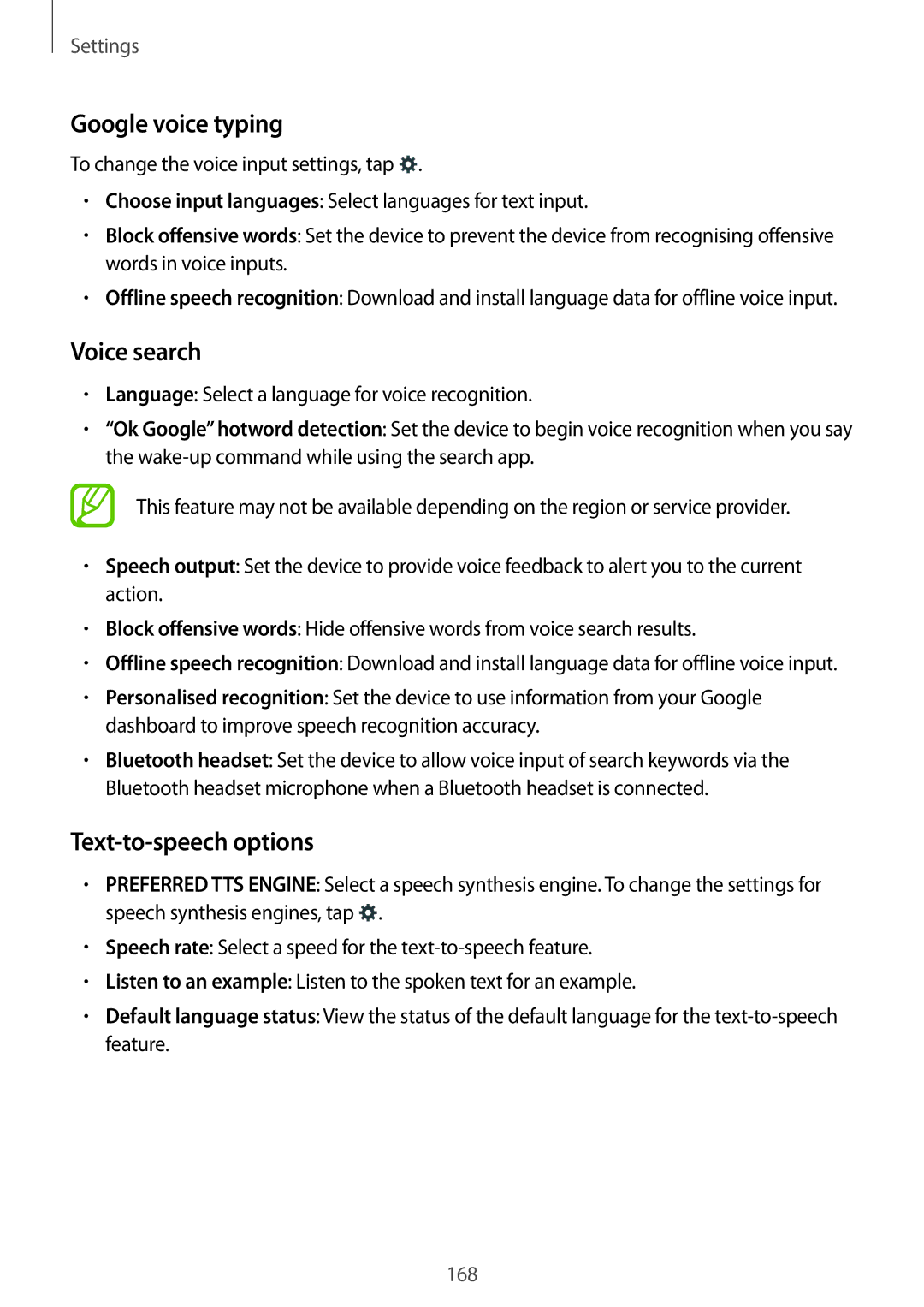 Samsung SM-T700 user manual Google voice typing, Text-to-speech options 