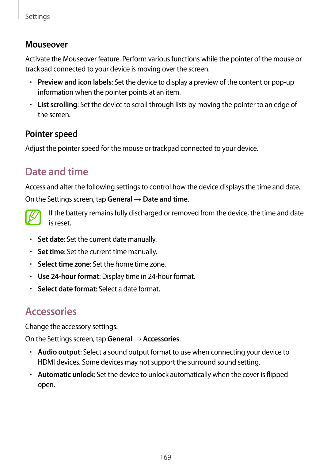 Samsung SM-T700 user manual Date and time, Accessories, Mouseover, Pointer speed 