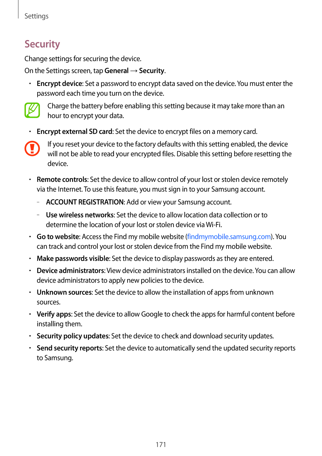 Samsung SM-T700 user manual Security, Account Registration Add or view your Samsung account 