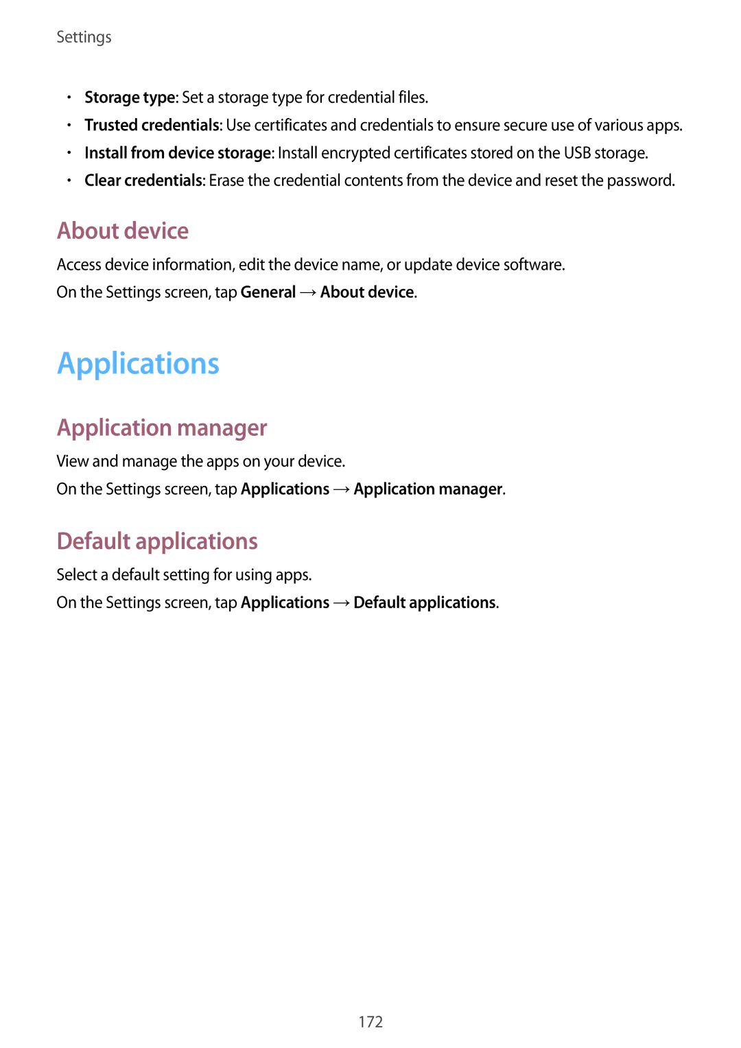 Samsung SM-T700 user manual Applications, About device, Application manager, Default applications 