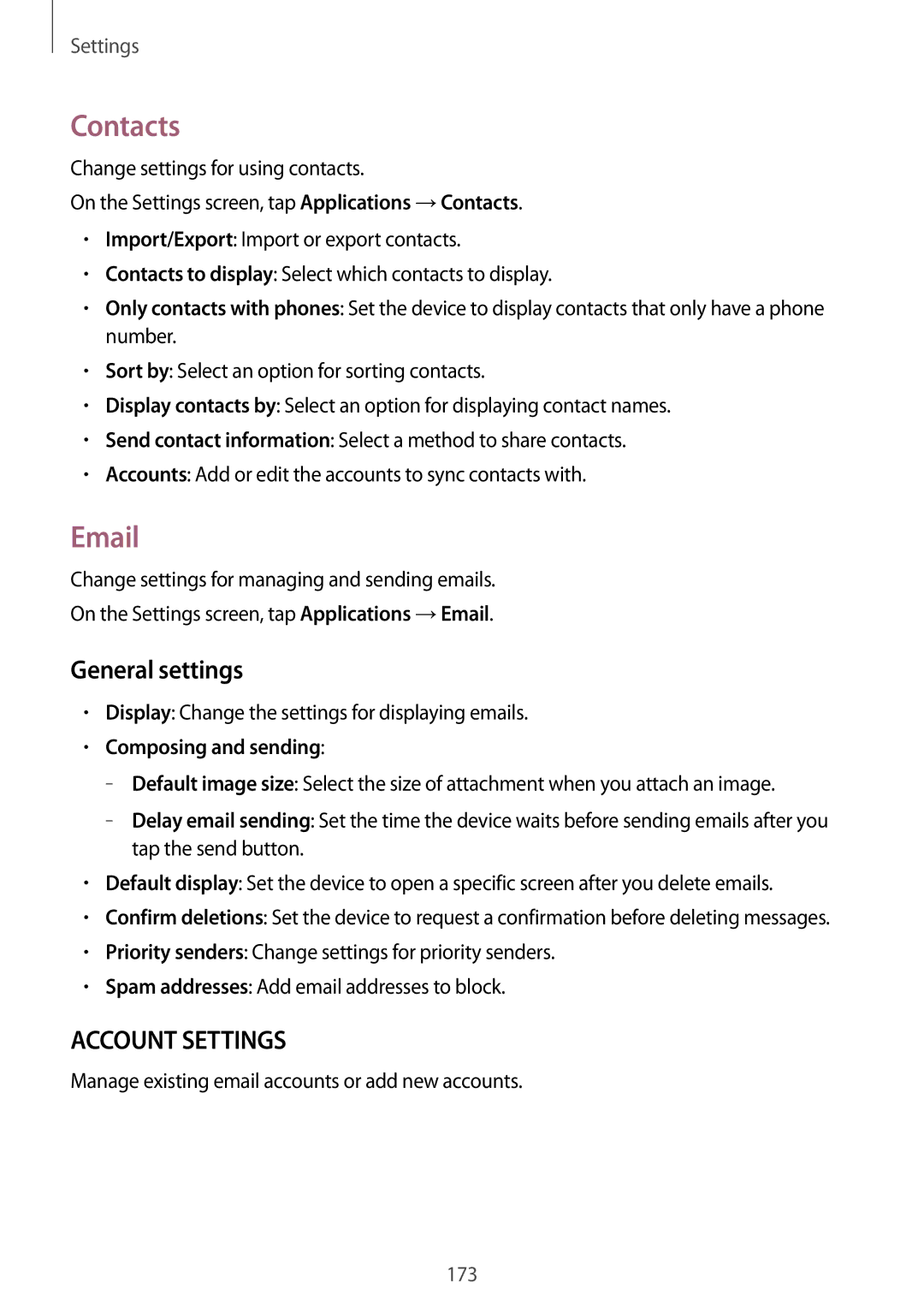 Samsung SM-T700 Contacts, General settings, Display Change the settings for displaying emails, Composing and sending 