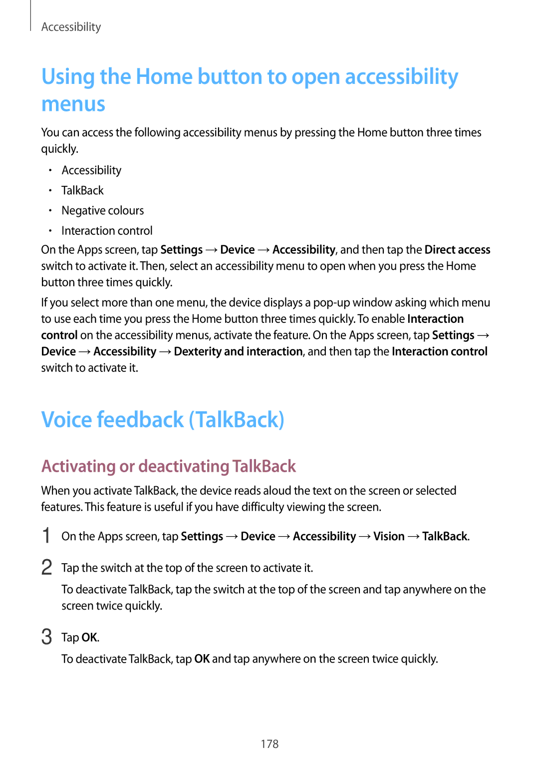 Samsung SM-T700 user manual Using the Home button to open accessibility menus, Voice feedback TalkBack 