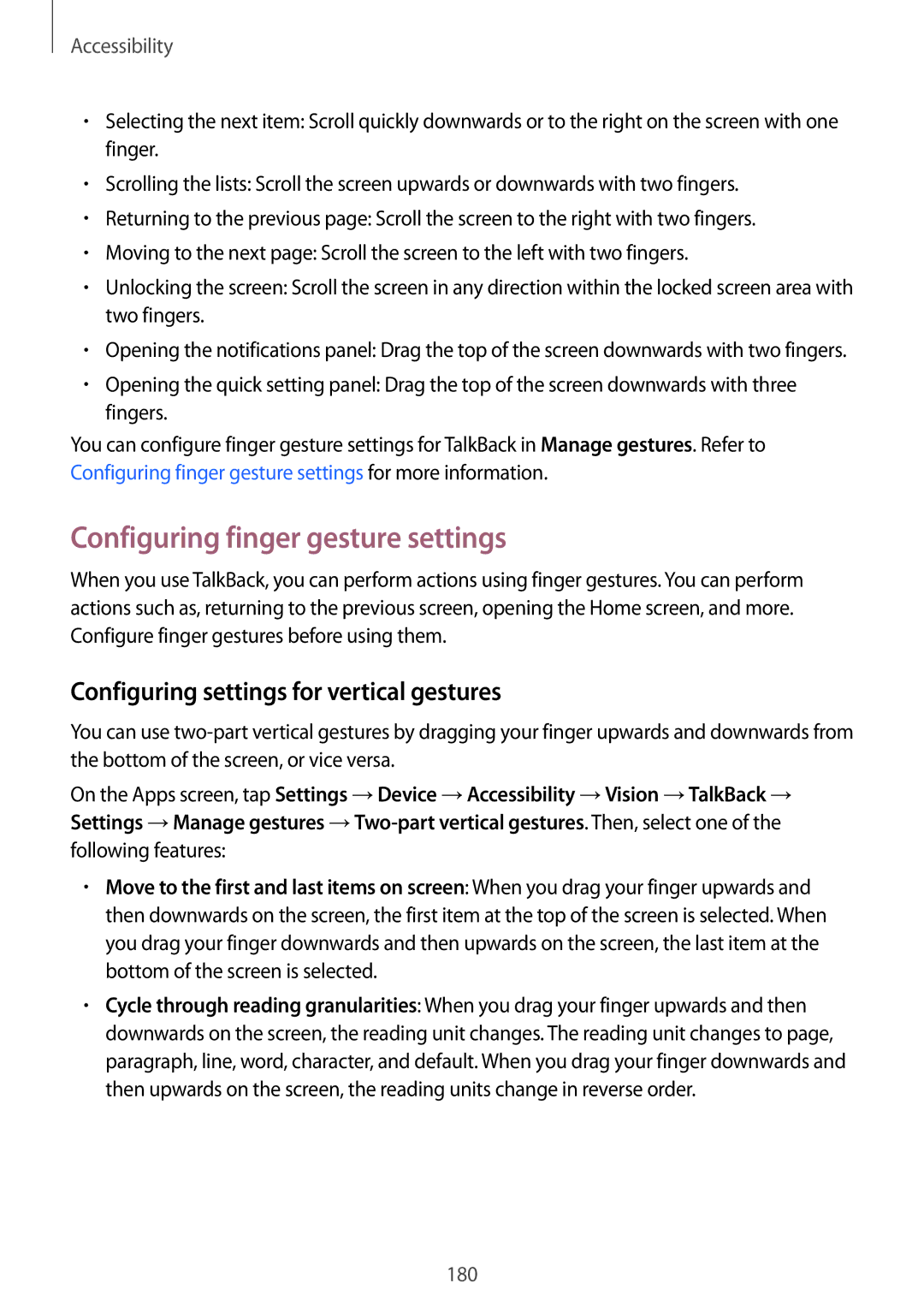 Samsung SM-T700 user manual Configuring finger gesture settings, Configuring settings for vertical gestures 