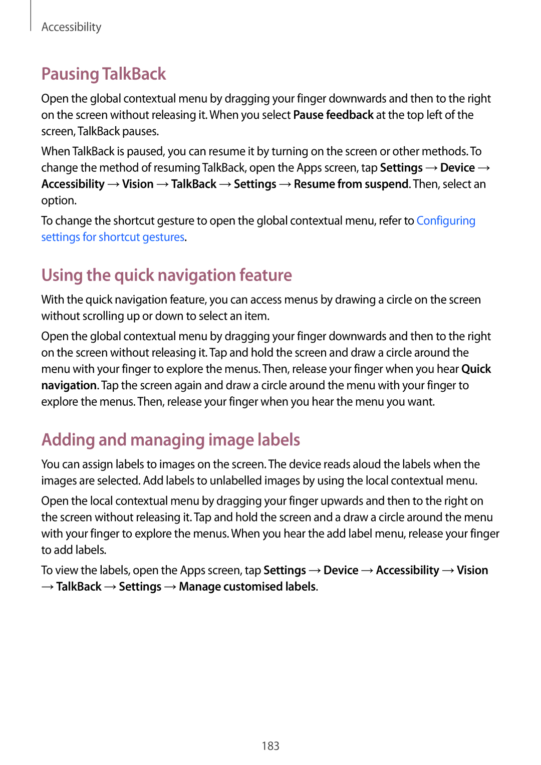 Samsung SM-T700 user manual Pausing TalkBack, Using the quick navigation feature, Adding and managing image labels 