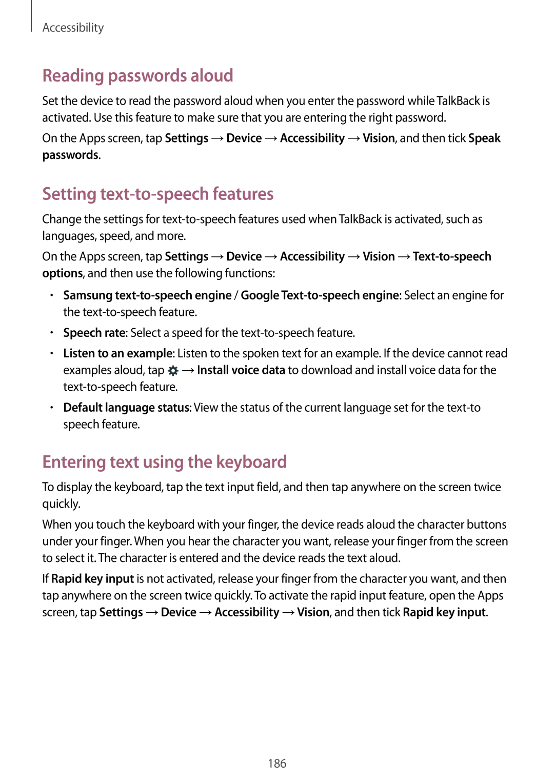 Samsung SM-T700 user manual Reading passwords aloud, Setting text-to-speech features, Entering text using the keyboard 