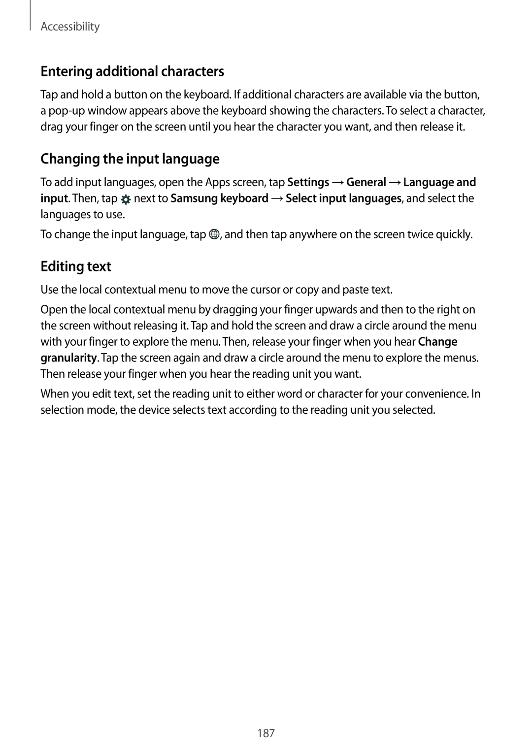 Samsung SM-T700 user manual Entering additional characters, Editing text 