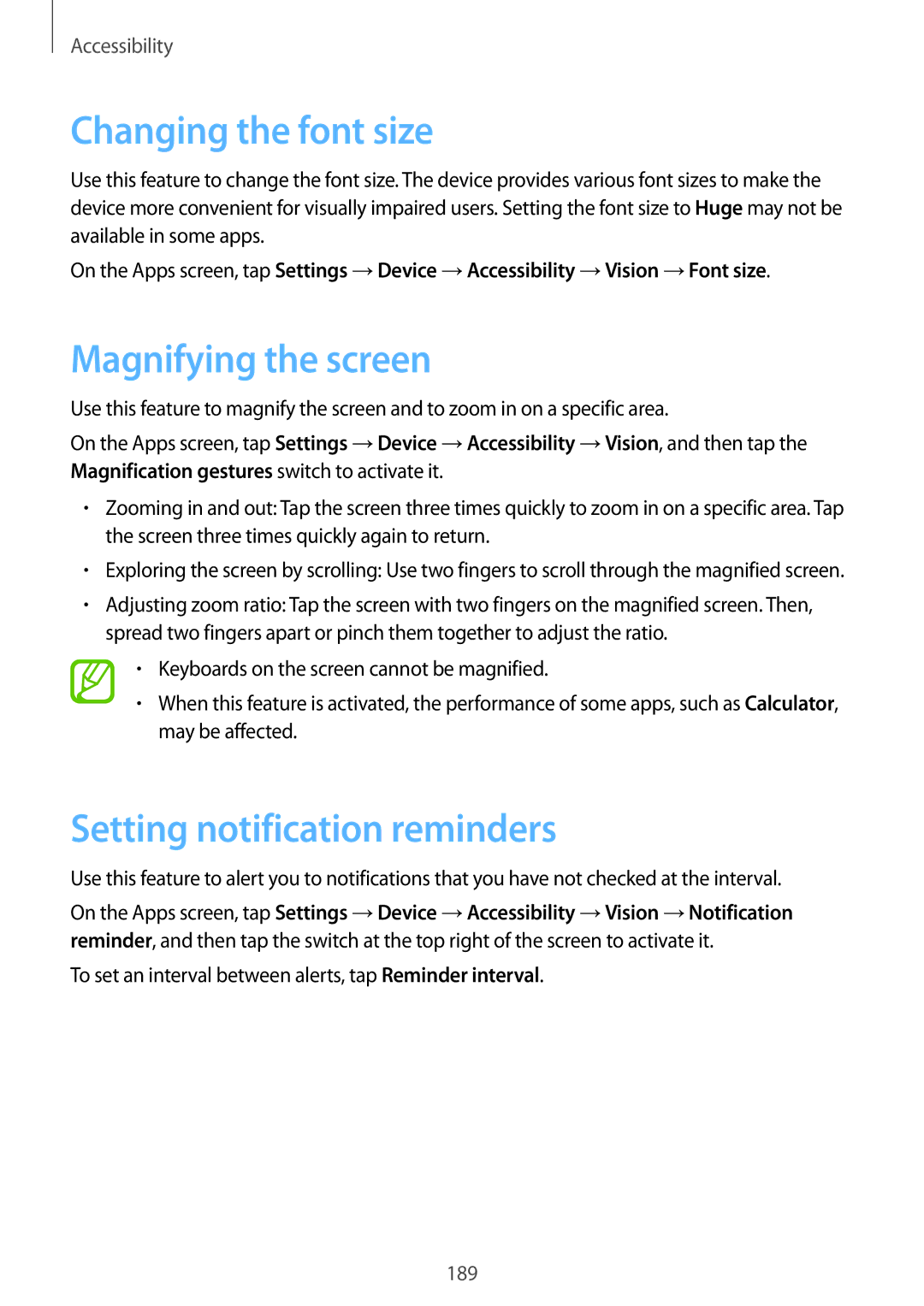 Samsung SM-T700 user manual Changing the font size, Magnifying the screen, Setting notification reminders 