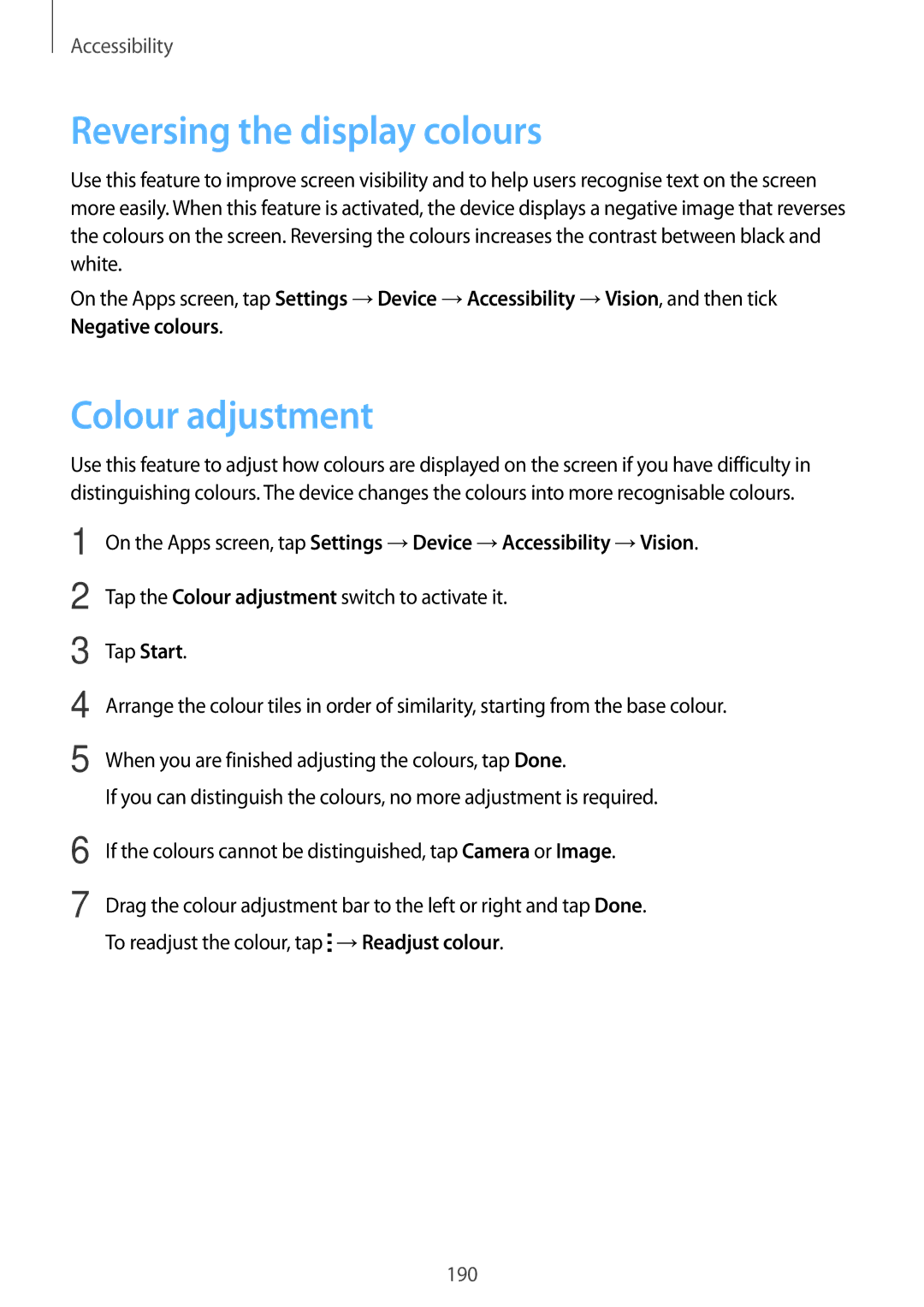 Samsung SM-T700 user manual Reversing the display colours, Colour adjustment 