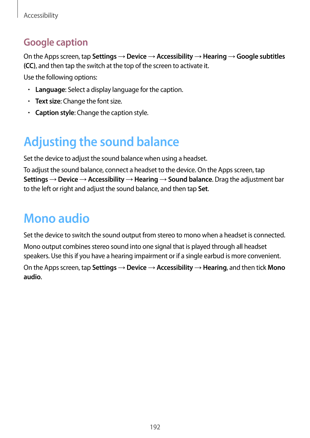 Samsung SM-T700 user manual Adjusting the sound balance, Mono audio, Google caption 