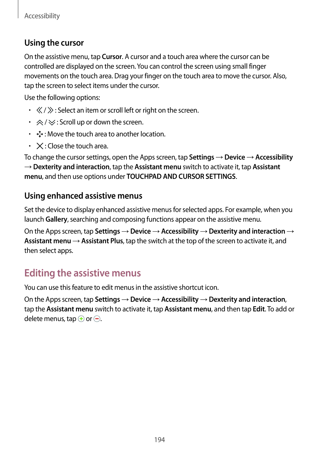 Samsung SM-T700 user manual Editing the assistive menus, Using the cursor, Using enhanced assistive menus 