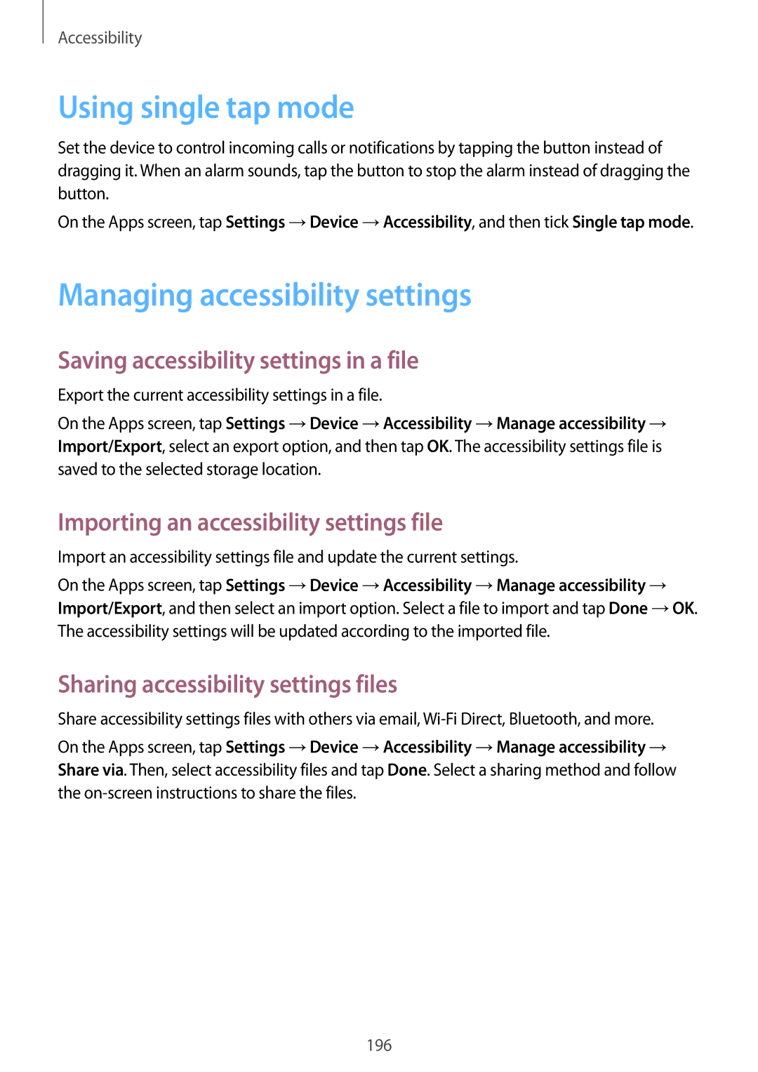 Samsung SM-T700 user manual Using single tap mode, Managing accessibility settings, Saving accessibility settings in a file 