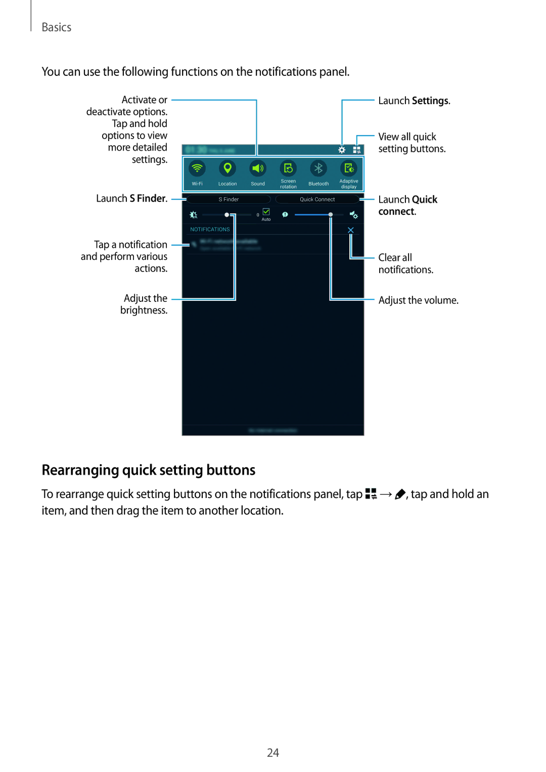 Samsung SM-T700 user manual Rearranging quick setting buttons 