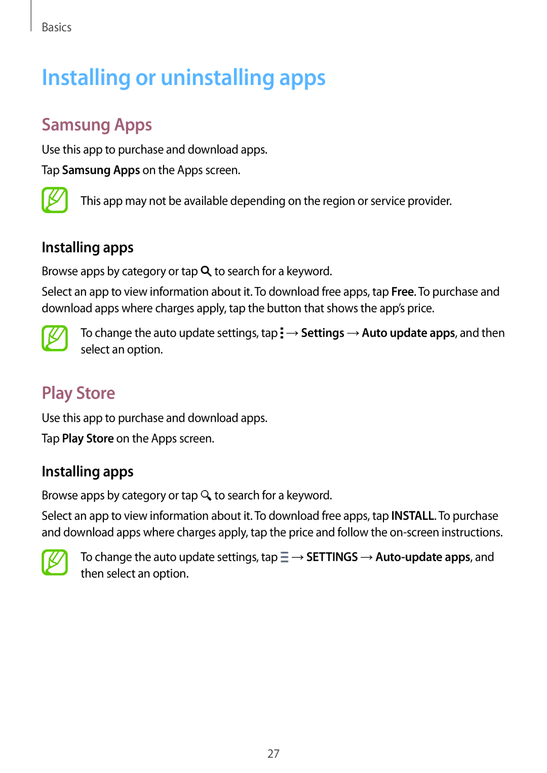 Samsung SM-T700 user manual Installing or uninstalling apps, Samsung Apps, Play Store, Installing apps 