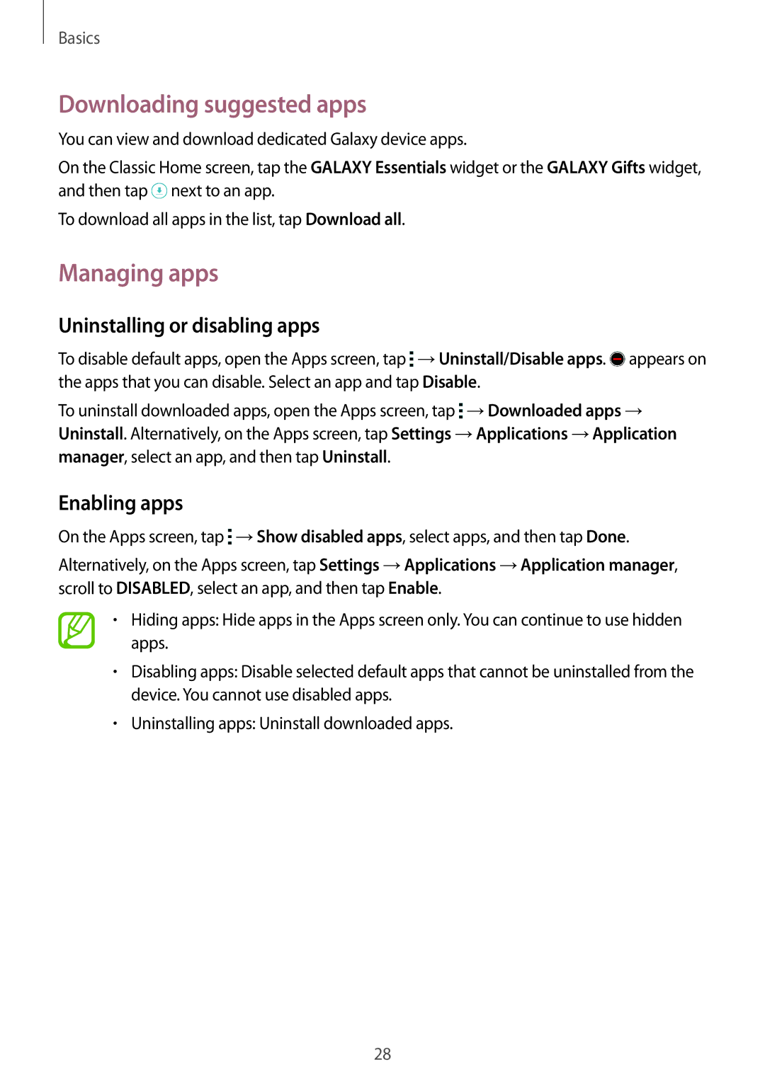 Samsung SM-T700 user manual Downloading suggested apps, Managing apps, Uninstalling or disabling apps, Enabling apps 