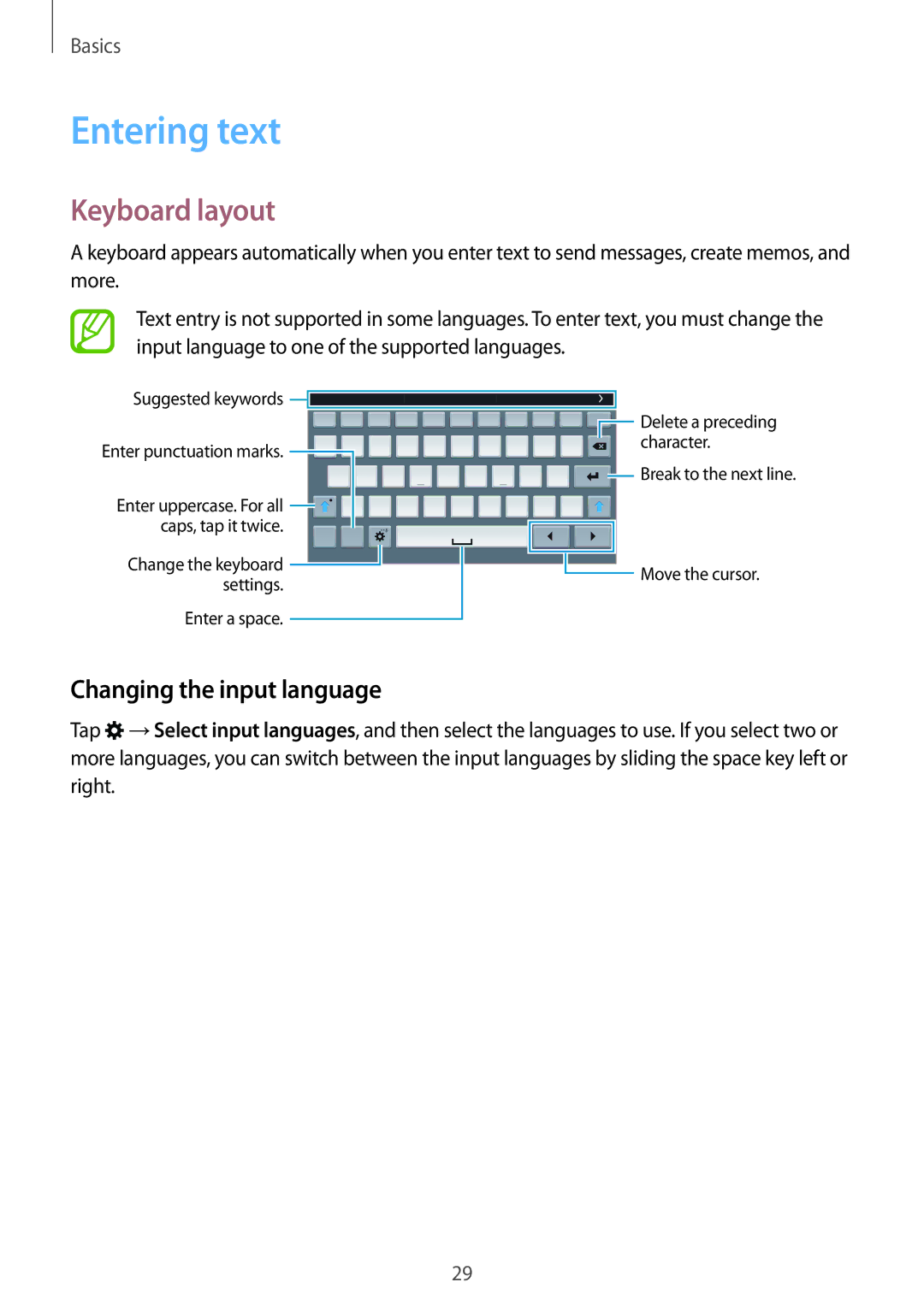 Samsung SM-T700 user manual Entering text, Keyboard layout, Changing the input language 