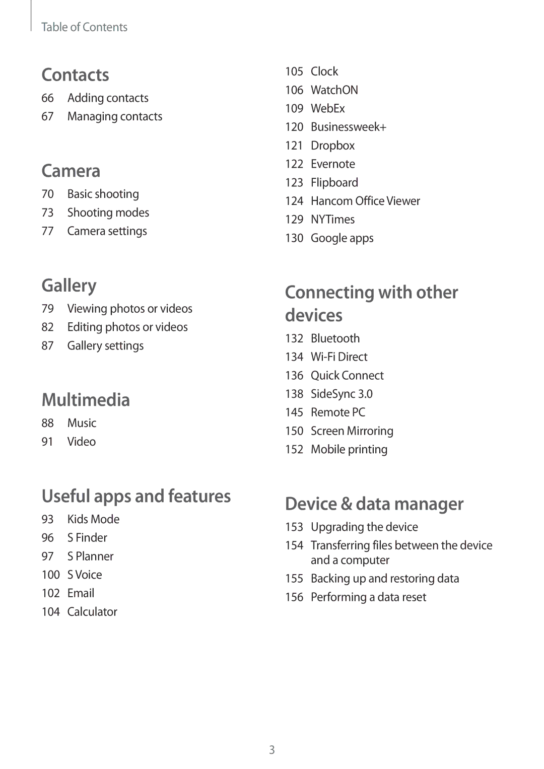 Samsung SM-T700 user manual Adding contacts Managing contacts, Basic shooting Shooting modes Camera settings, Music Video 