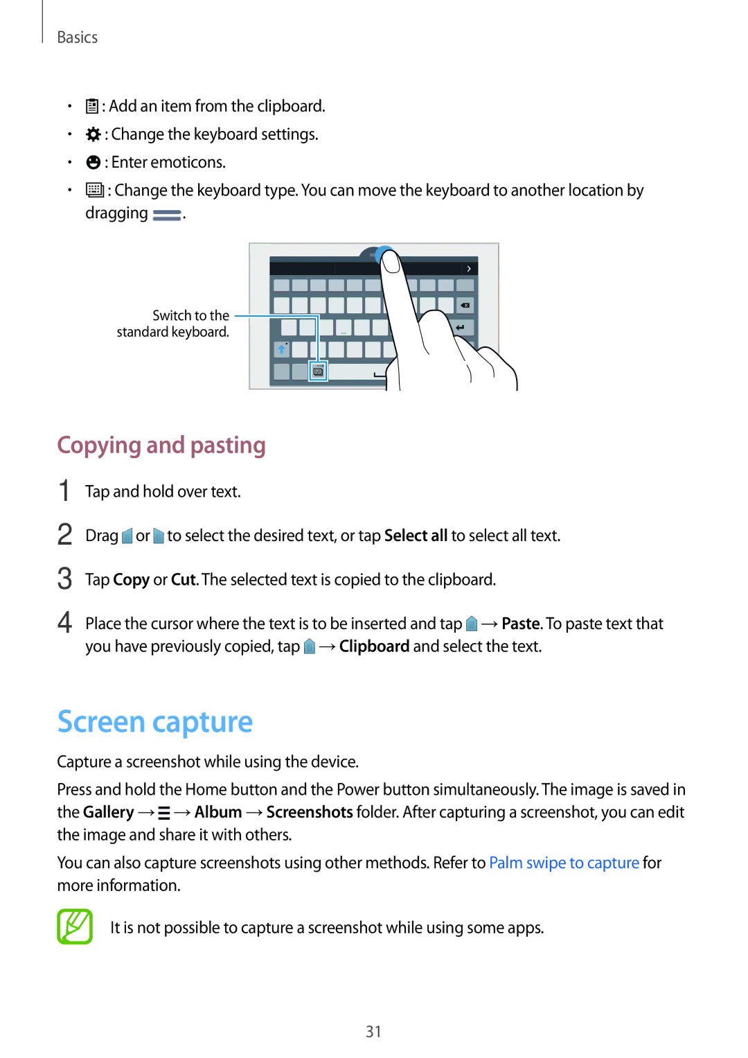 Samsung SM-T700 user manual Screen capture, Copying and pasting 