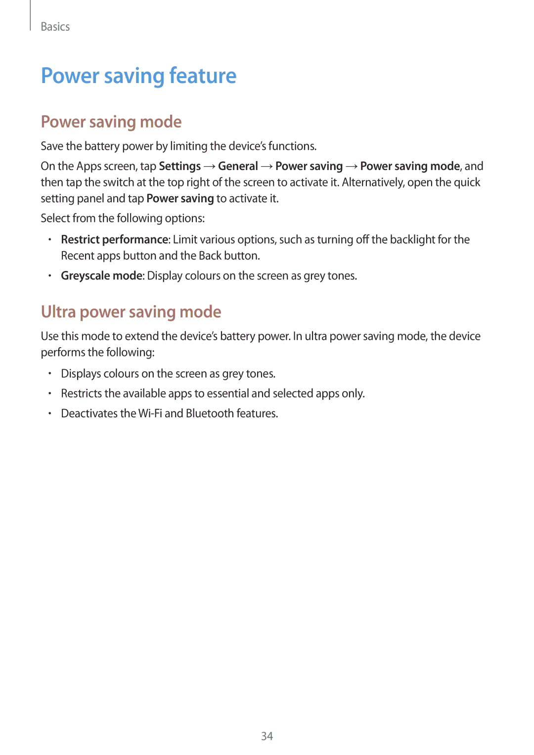 Samsung SM-T700 user manual Power saving feature, Power saving mode, Ultra power saving mode 