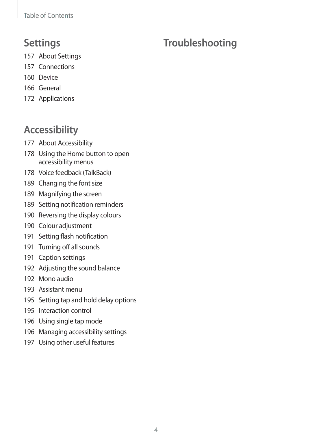 Samsung SM-T700 user manual Accessibility, About Settings Connections Device General Applications 