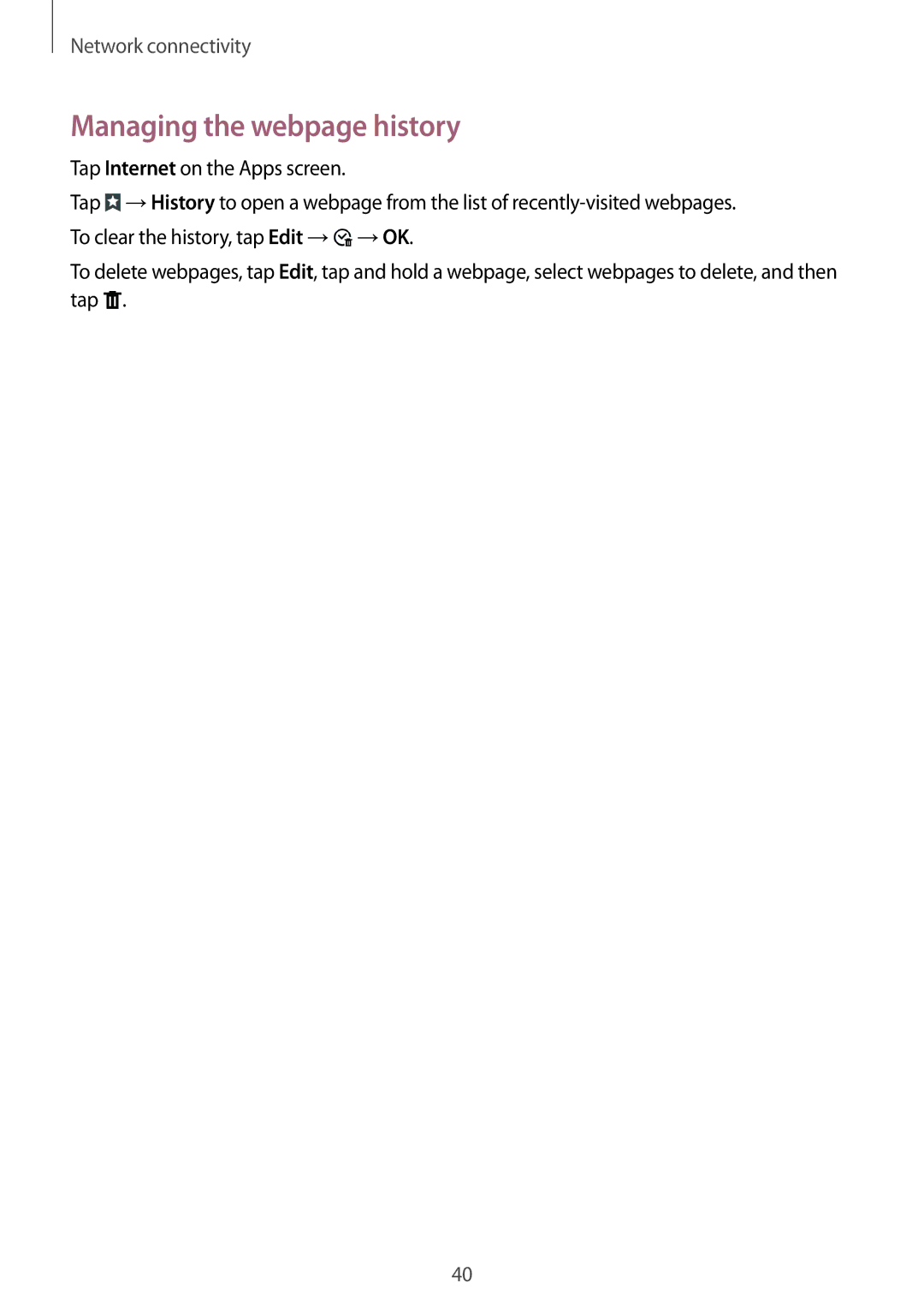 Samsung SM-T700 user manual Managing the webpage history 