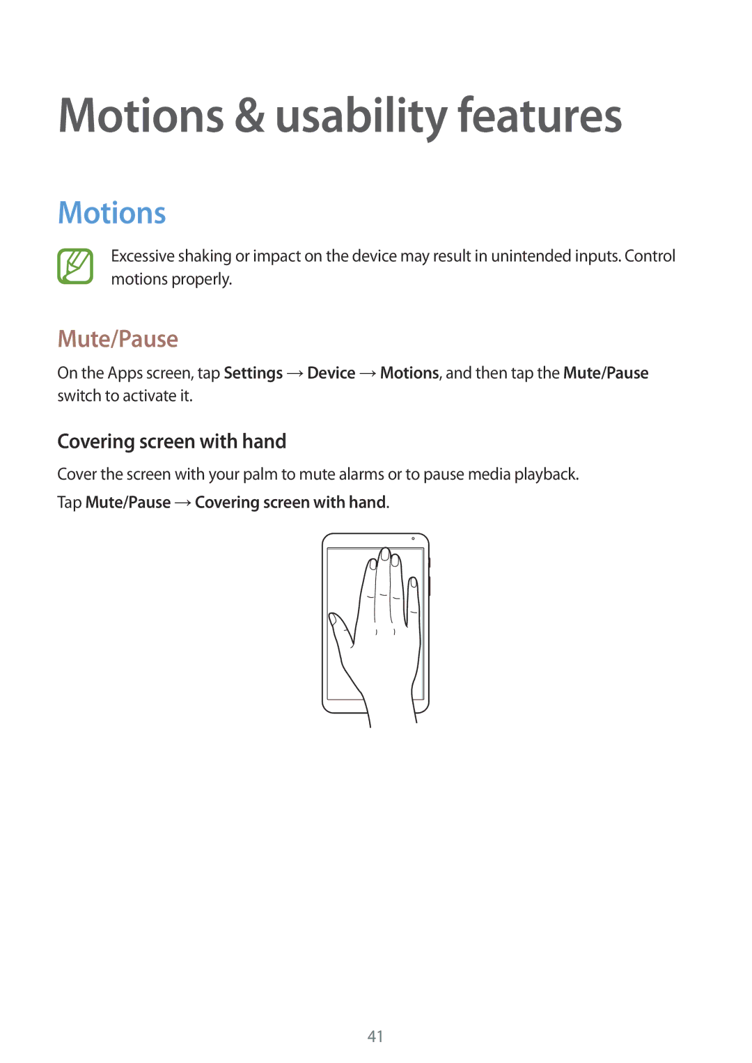 Samsung SM-T700 user manual Motions & usability features, Mute/Pause, Covering screen with hand 