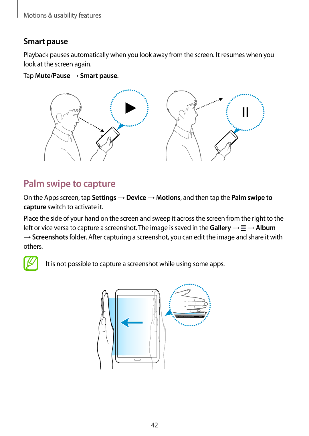 Samsung SM-T700 user manual Palm swipe to capture, Tap Mute/Pause →Smart pause 