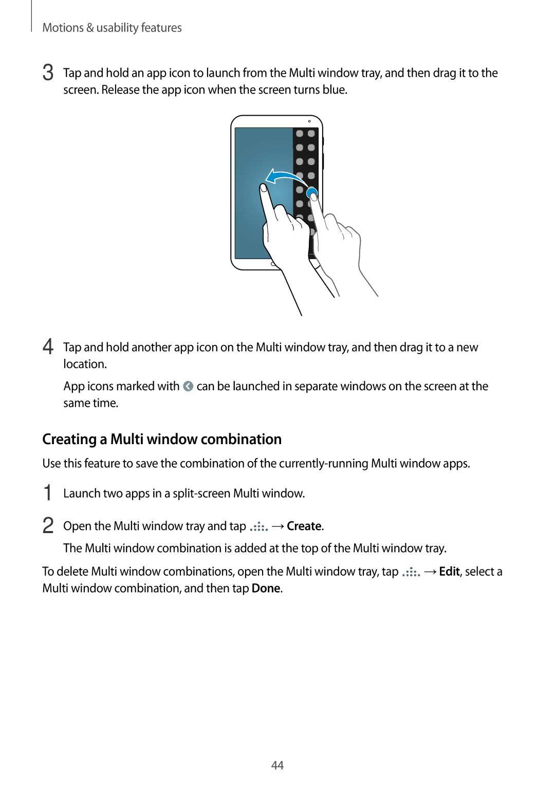 Samsung SM-T700 user manual Creating a Multi window combination 