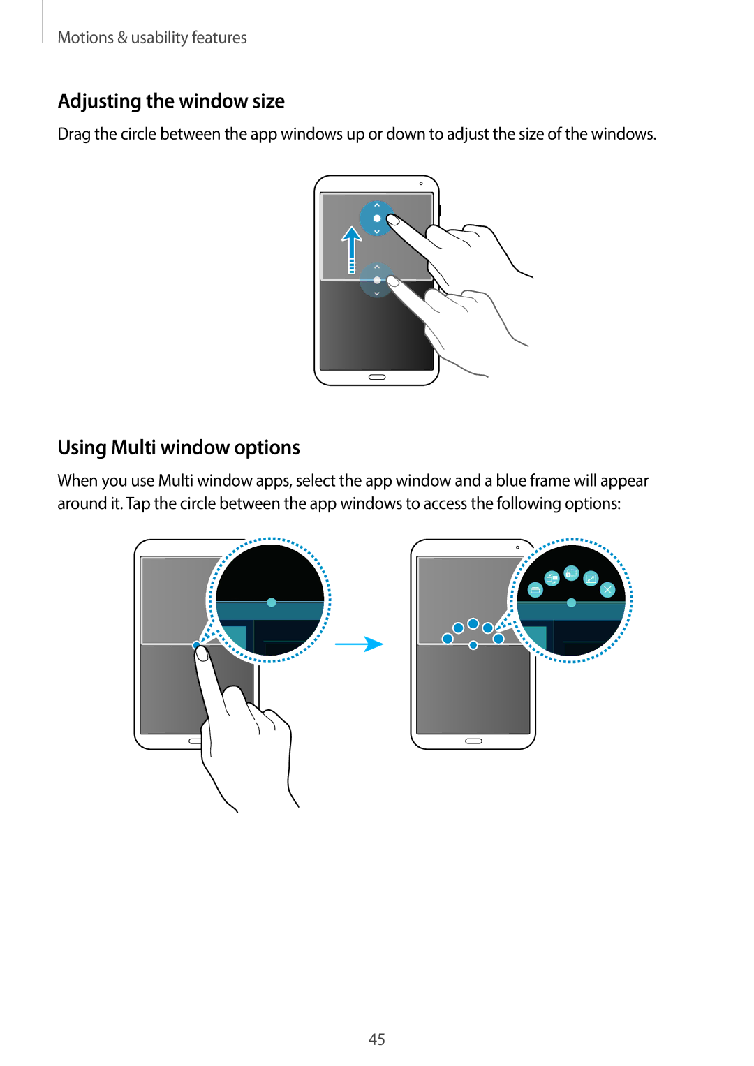 Samsung SM-T700 user manual Adjusting the window size, Using Multi window options 