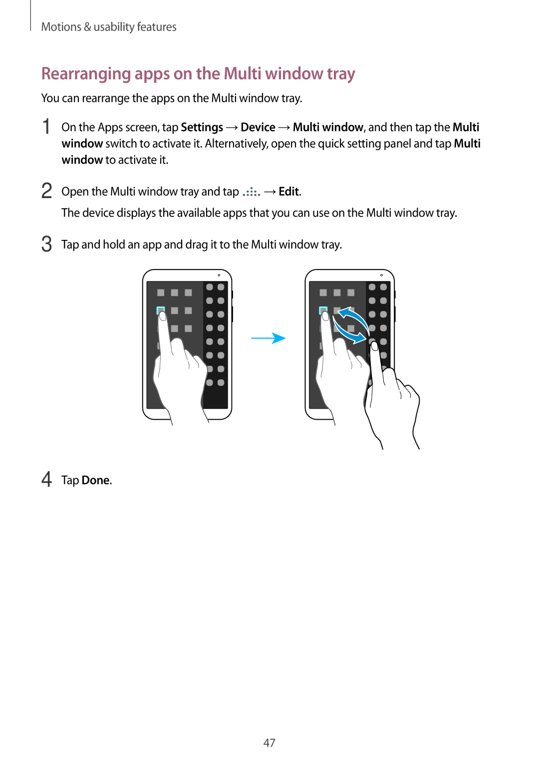 Samsung SM-T700 user manual Rearranging apps on the Multi window tray 