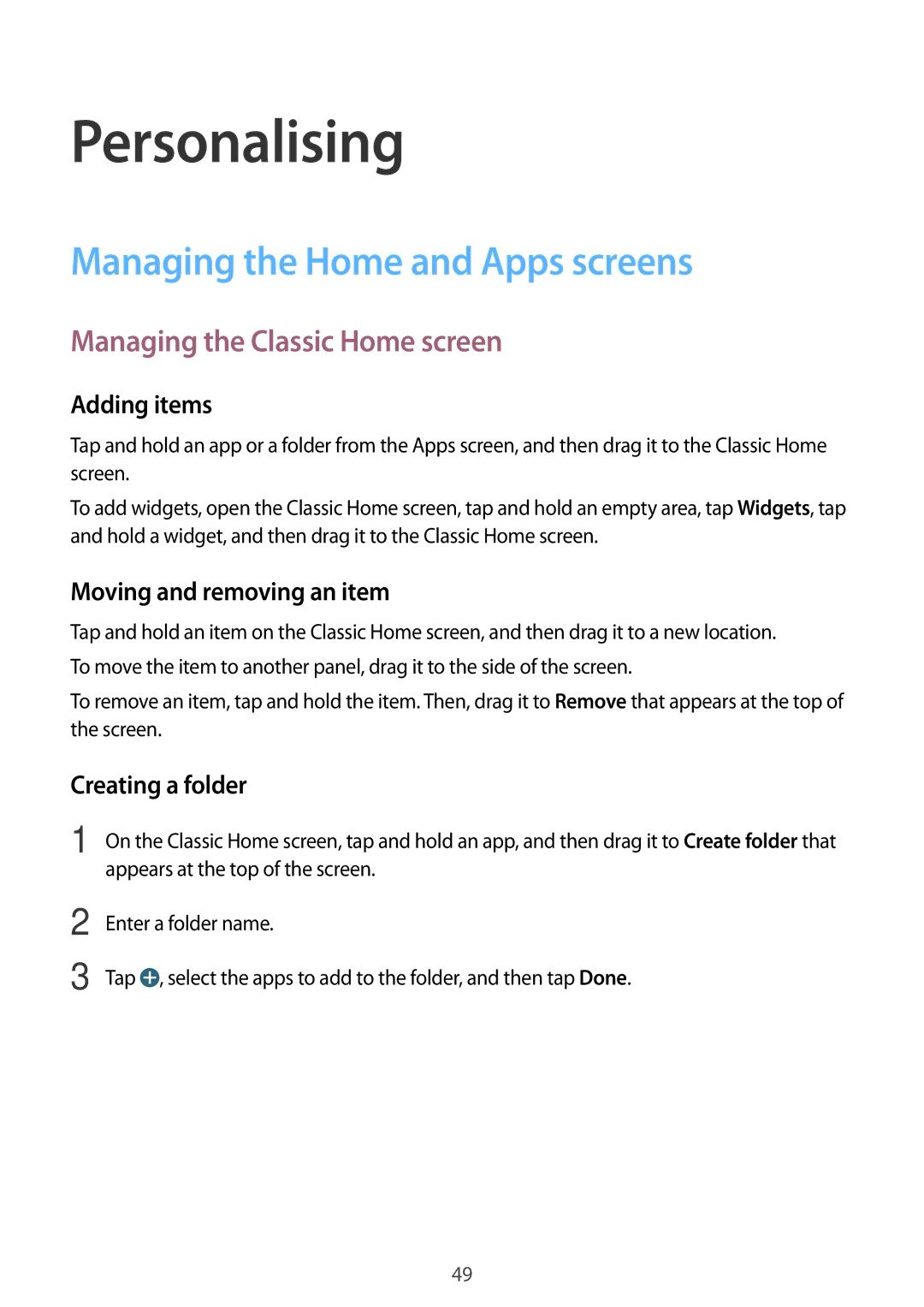 Samsung SM-T700 user manual Personalising, Managing the Home and Apps screens, Managing the Classic Home screen 