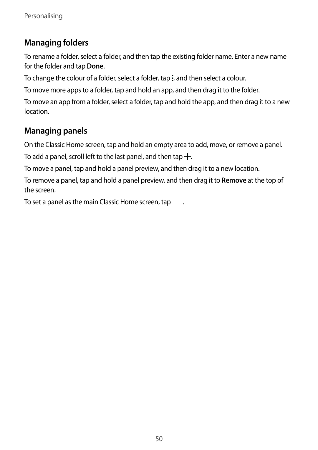 Samsung SM-T700 user manual Managing folders, Managing panels 